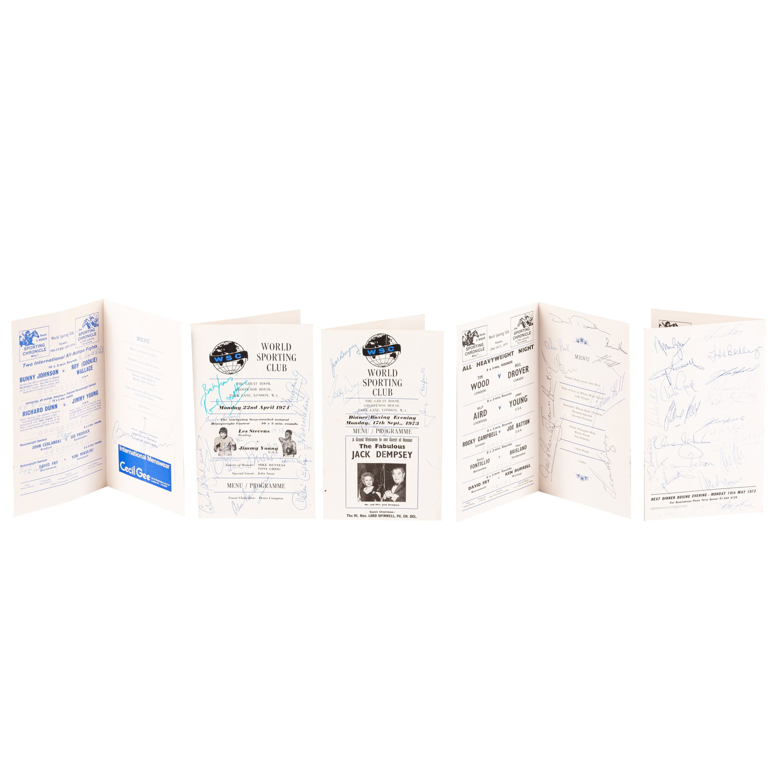 Sport Interest.- Incl. Jack Dempsey Signed souvenir menus, 1970s (1 of 2)