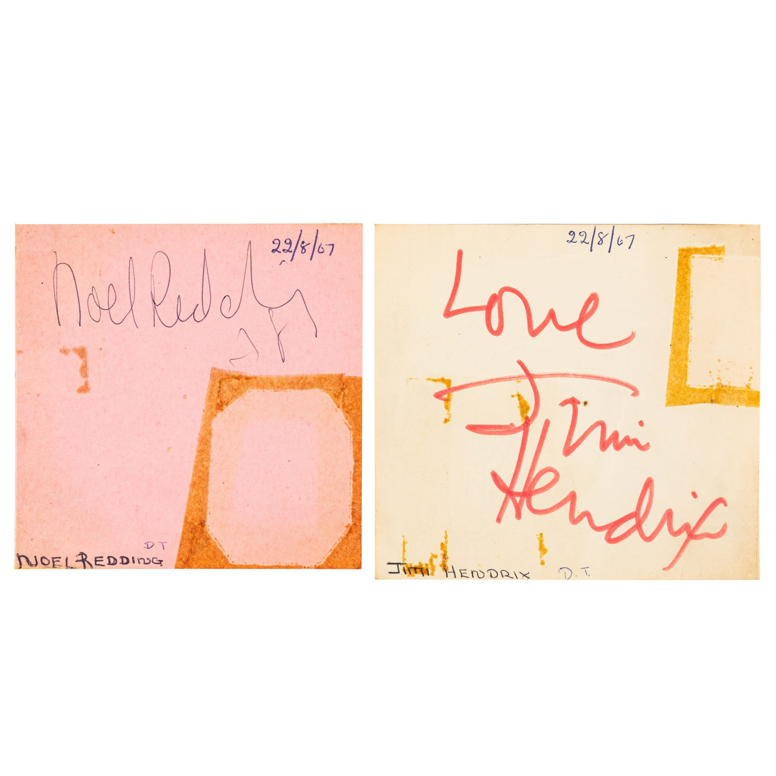 Hendrix (Jimi) & Noel Redding Signed album pages: Hendrix (Jimi) & Noel Redding Signed album pages Two loose album pages individually signed by Jimi Hendrix in red felt tip and Noel Redding in black ballpoint ink, the versos featuring signatures by