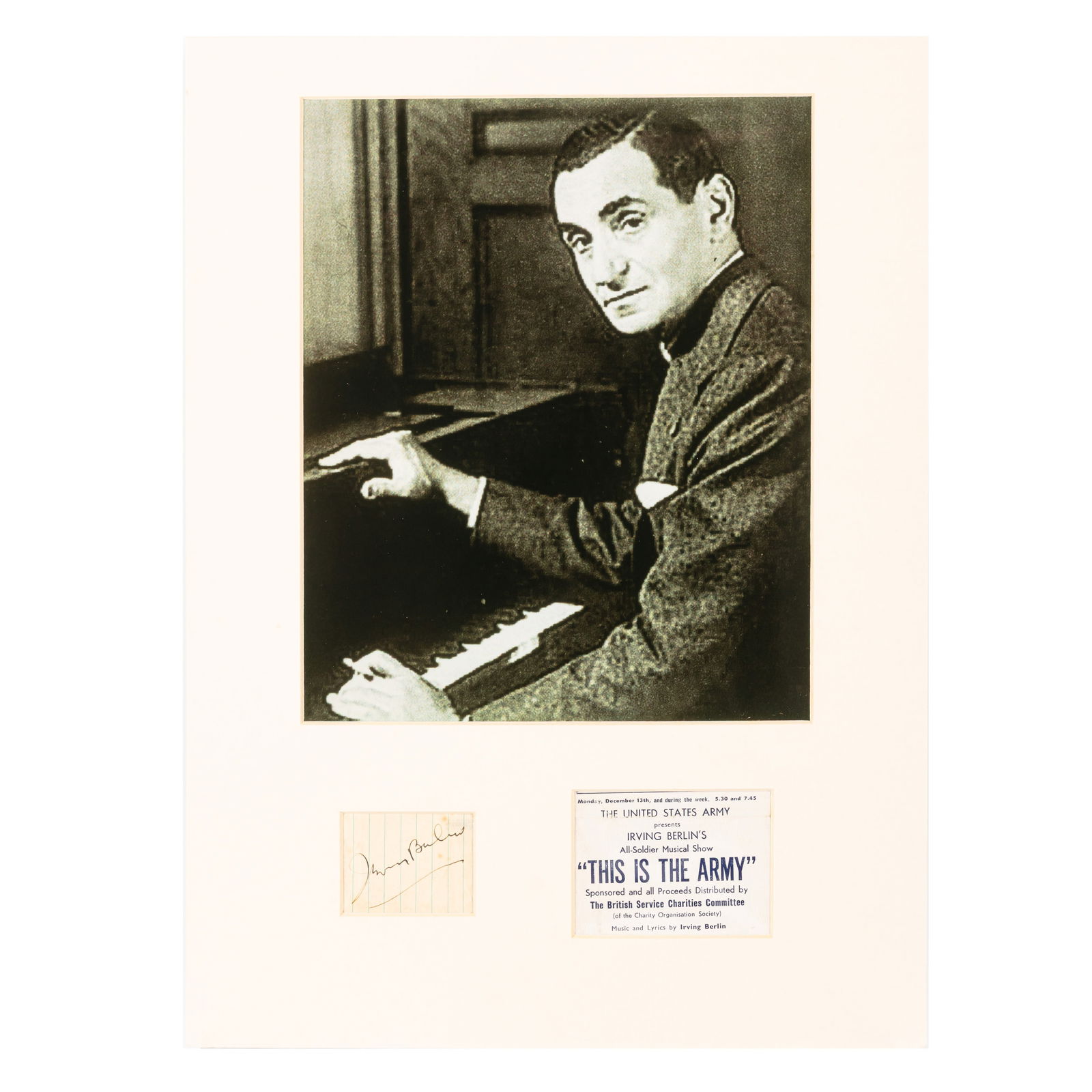 Berlin (Irving) Ink signature: Berlin (Irving) Ink signature Black ink signature on blue-lined paper, mounted for display with a ticket to Berlin's musical show 'This is the Army' and a photograph of the songwriter. 