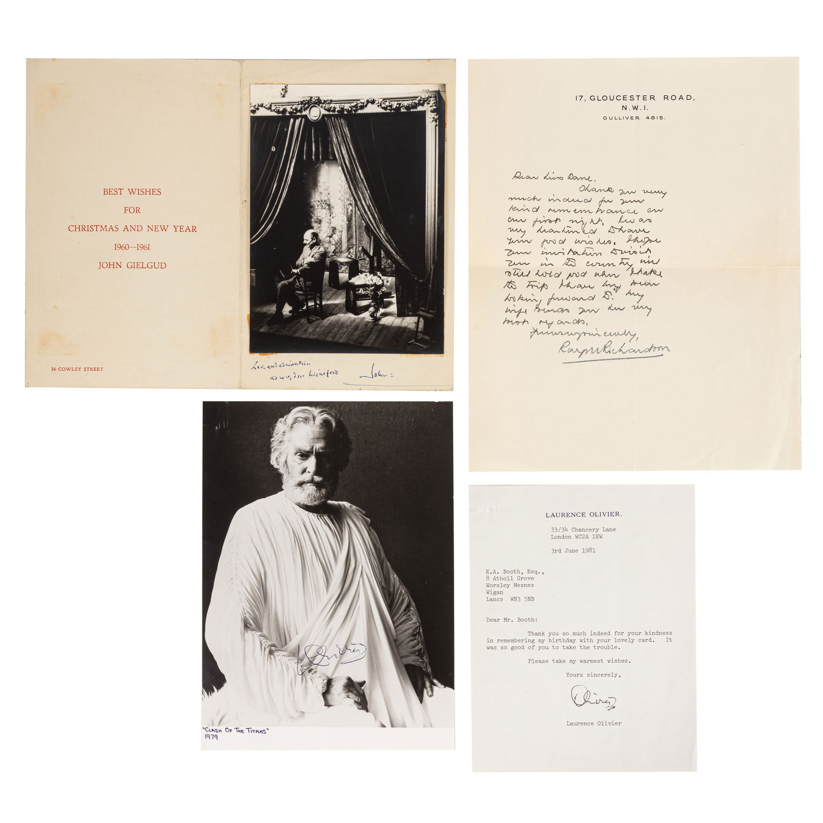 British Stage Actors.- Olivier, Gielgud & Richardson: British Stage Actors.- Olivier, Gielgud & Richardson Attractive Christmas card from John Gielgud for 1960-1961, mounted black and white photograph of the British thespian on stage, signed and