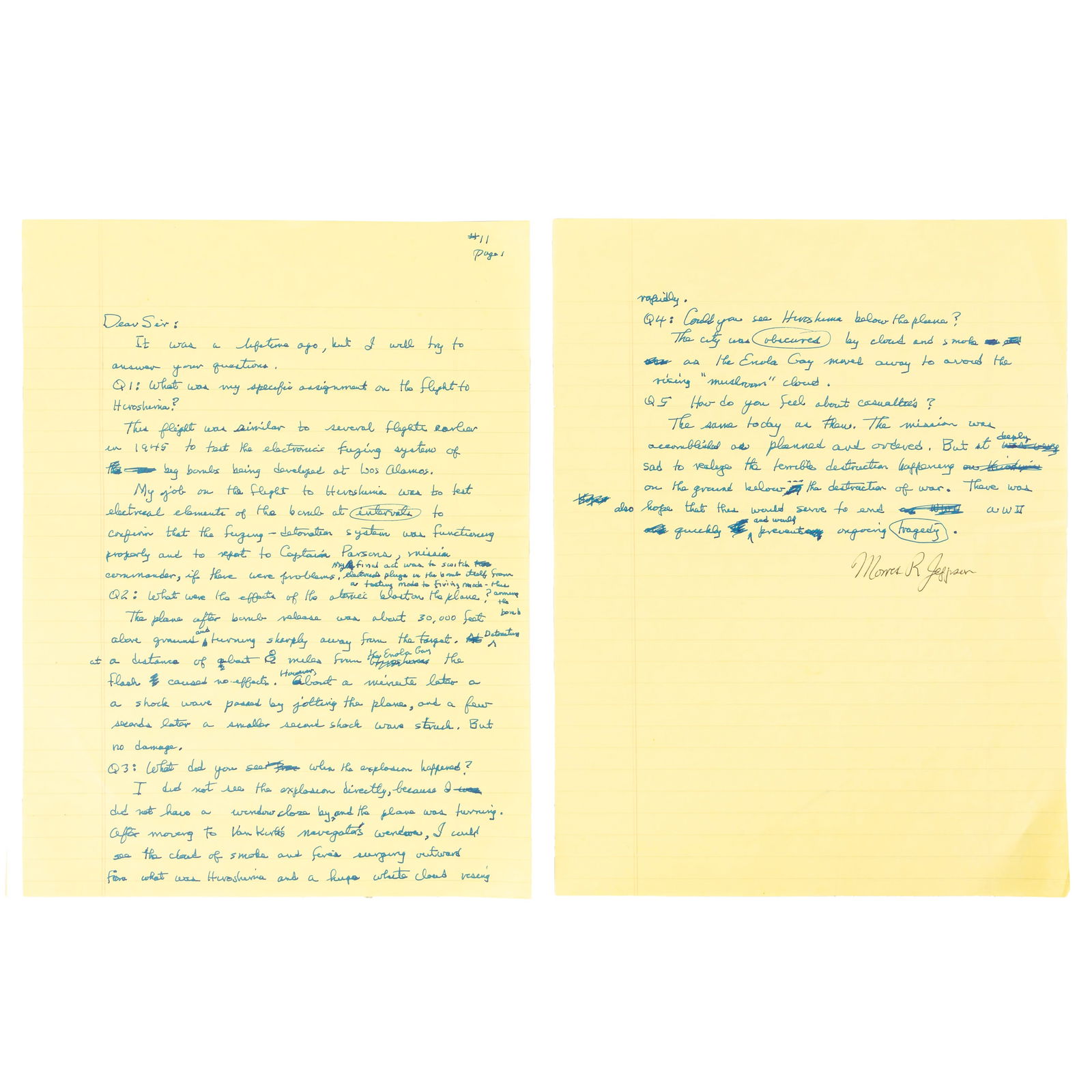 Enola Gay Interest.- Autograph letter by Morris R. Jeppson (1 of 1)