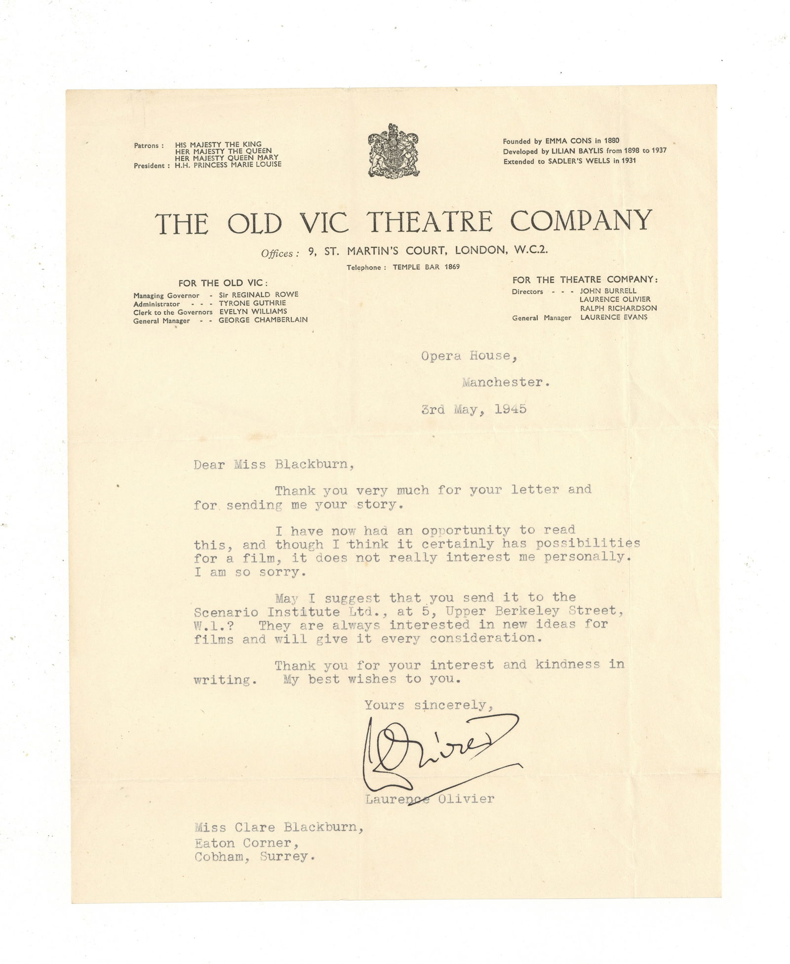 Olivier (Laurence) Typed letter signed ("Laurence Olivier"): Olivier (Laurence) Typed letter signed ("Laurence Olivier") Addressed to Miss Blackburnon, on 'The Old Vic Theatre Company' headed paper, thanking the recipient for her letter and adding 2I have now