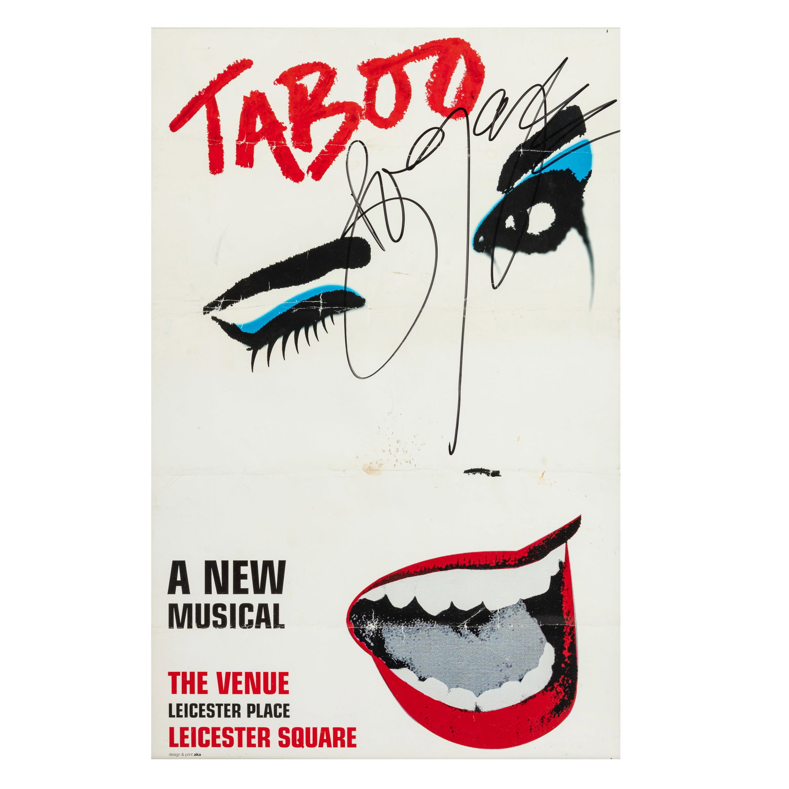 Boy Geoge Signed 'Taboo' poster: Boy Geoge Signed 'Taboo' poster Colour lithographic poster of the musical 'Taboo' at Leicester square, signed in black felt tip by Boy George, folding marks and creasing, mounted, framed and