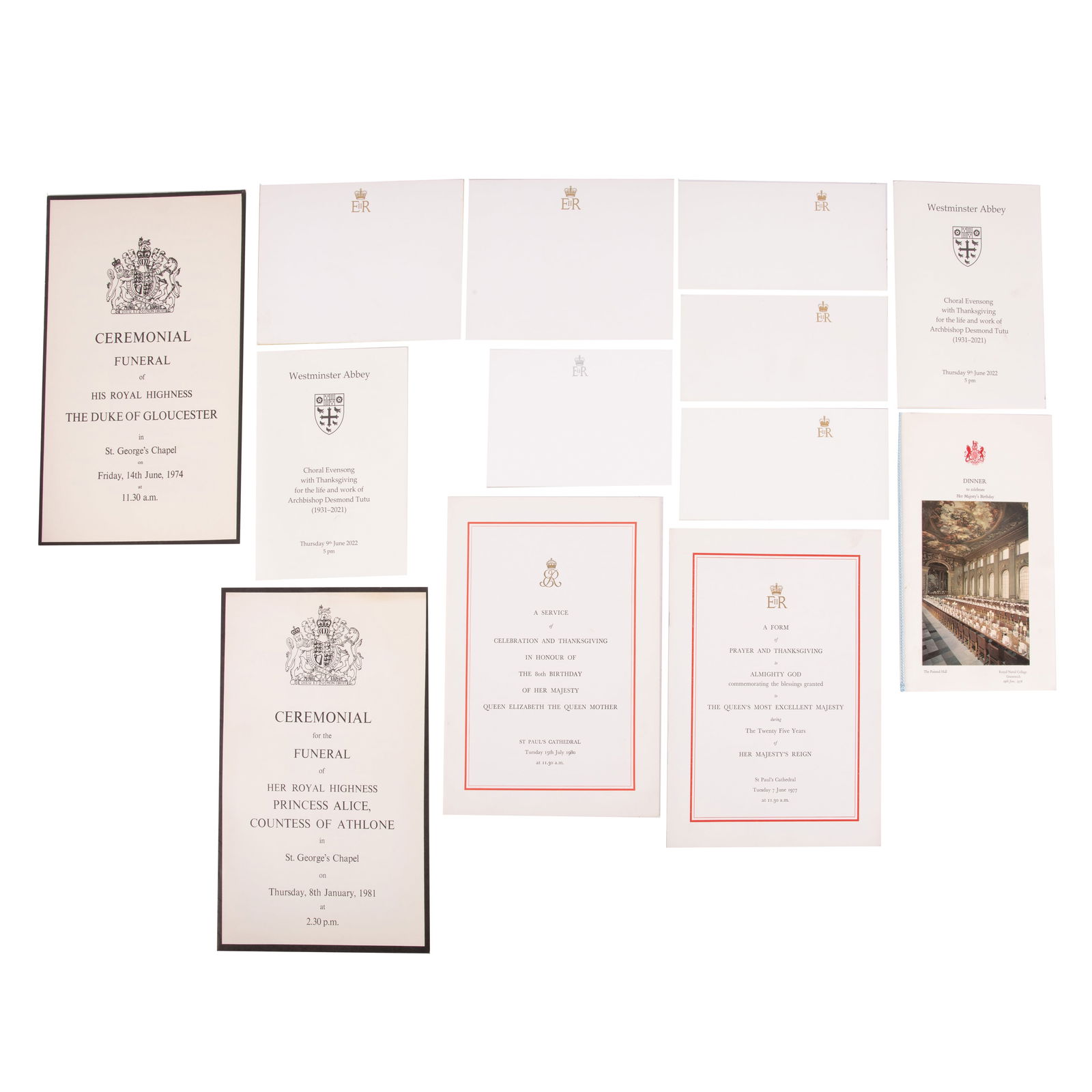 Royal Interest.- Collection of ephemera: Royal Interest.- Collection of ephemera Group of Royal memorabilia and ephemera, including: official menu of the dinner to celebrate Queen's Elizabeth's birthday, 29 June 1976; 'A Form of Prayer and