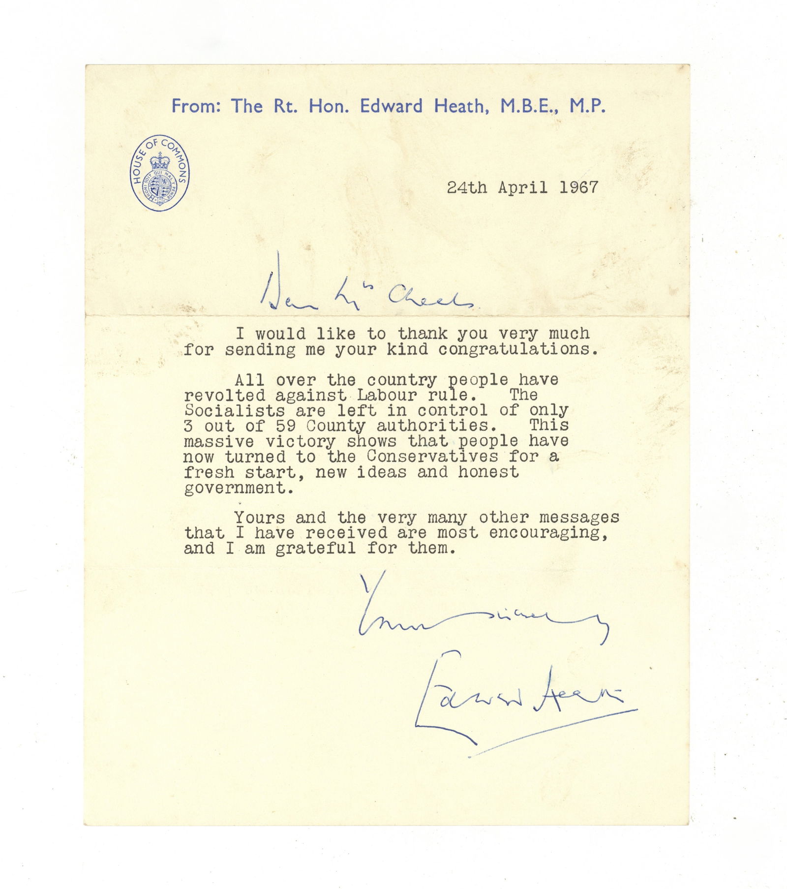 Heath (Edward) Typed letter signed ("Edward Heath") (1 of 1)