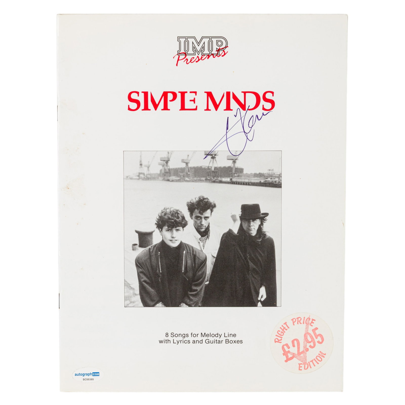 Simple Minds.- Jim Kerr Signed lyric sheets: Simple Minds.- Jim Kerr Signed lyric sheets Volume of lyrics and music sheets for 8 Simple Minds songs, signed on the front by Jim Kerr, some handling wear, with authentication sticker affixed to