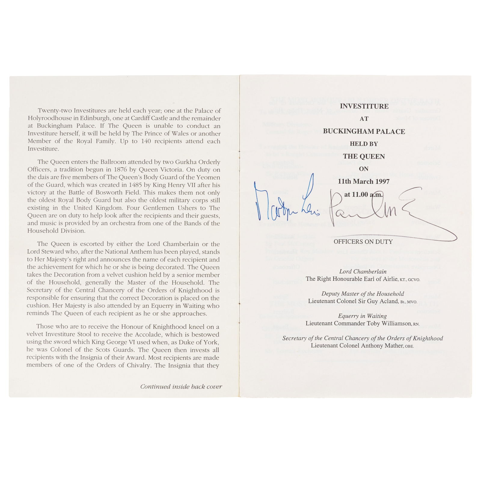 McCartney (Paul) Investiture at Buckingham Palace: McCartney (Paul) Investiture at Buckingham Palace Official programme of Paul McCartney's Investiture at Buckingham Palace, 11 March 1997, signed on internal page by Paul McCartney and Martin Lewis,