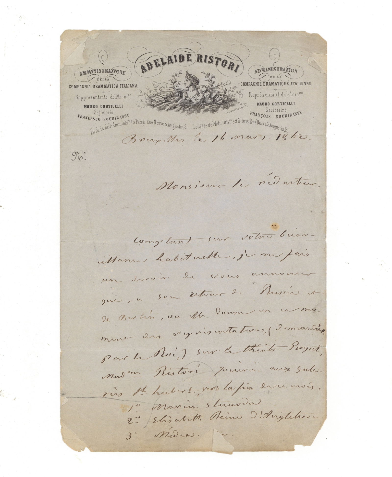 Ristori (Adelaide) Autograph letter (1 of 2)