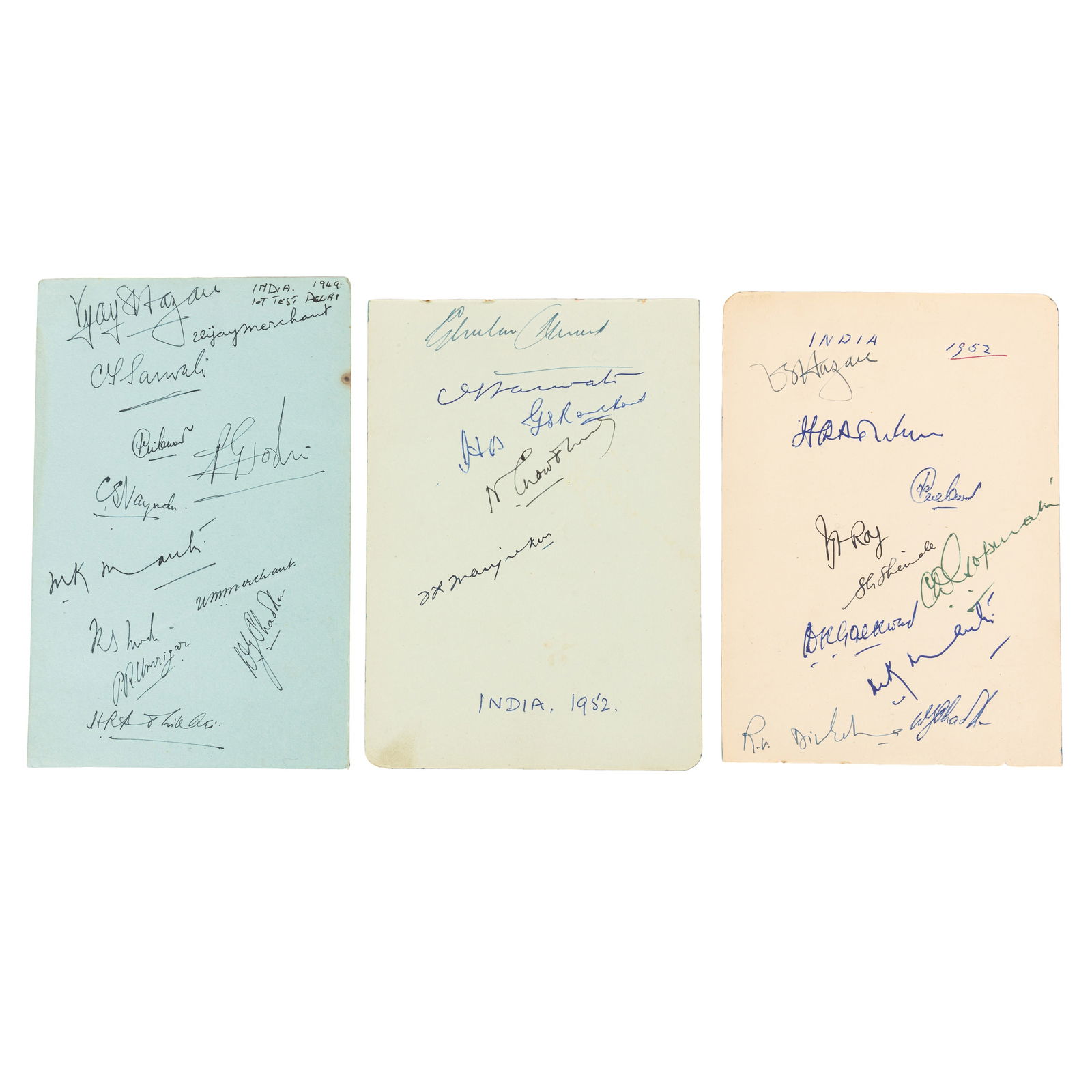 Cricket Interest.- Incl. Vijay Hazare Indian Cricket Team, 1949 and 1952: Cricket Interest.- Incl. Vijay Hazare Indian Cricket Team, 1949 and 1952 Sets of signatures by players of the Indian cricket team from 1952 (V. Hazare, H.R. Adhikari, P. Roy, S.G. Shinde, M.K.