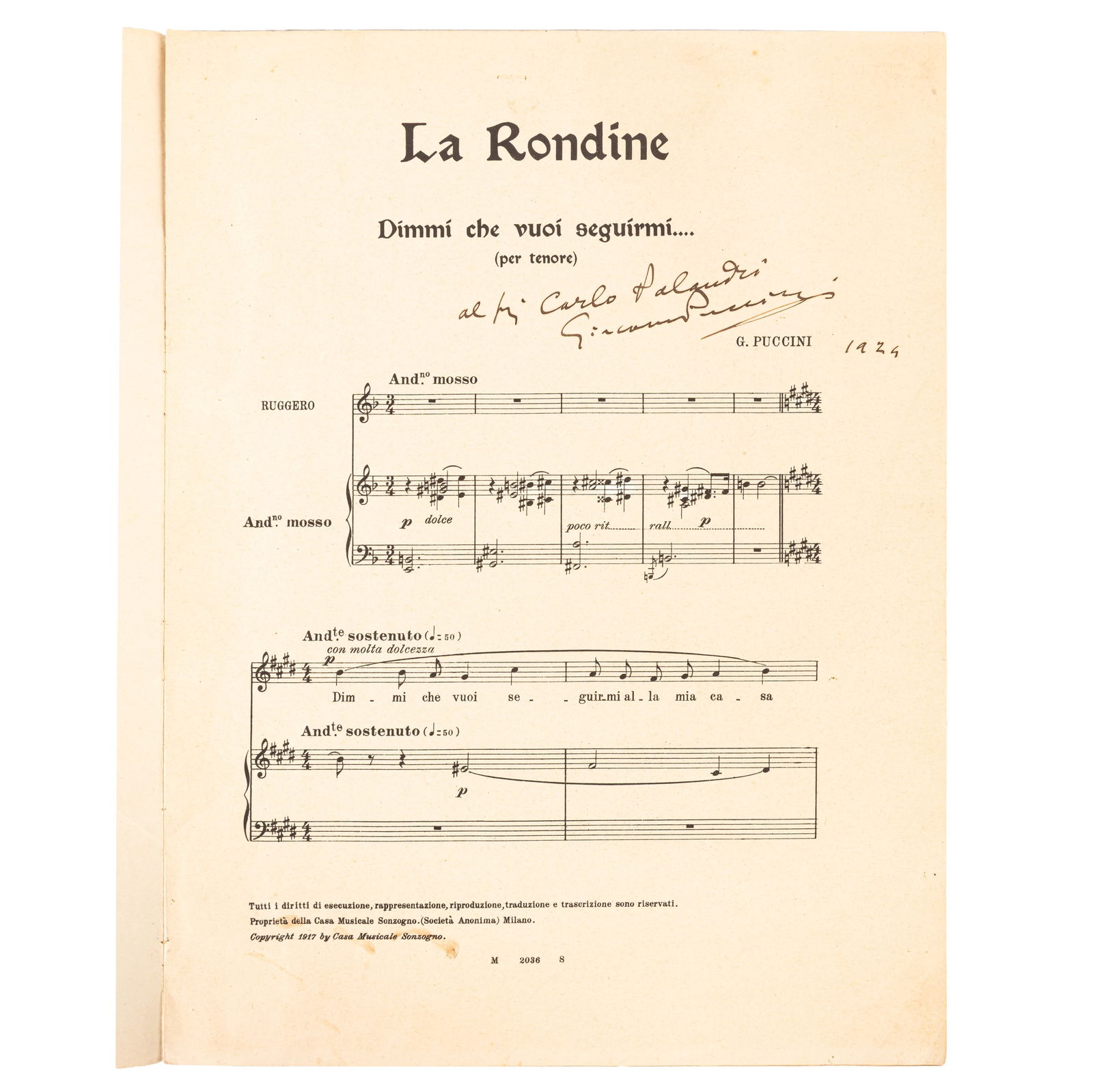 Puccini (Giacomo) Signed music score: Puccini (Giacomo) Signed music score Printed music score of the aria 'Dimmi che vuoi seguirmi' from the comic opera 'La Rondine', signed and inscribed "Al Sig. Carlo Palandri, Giacomo Puccini, 1924"