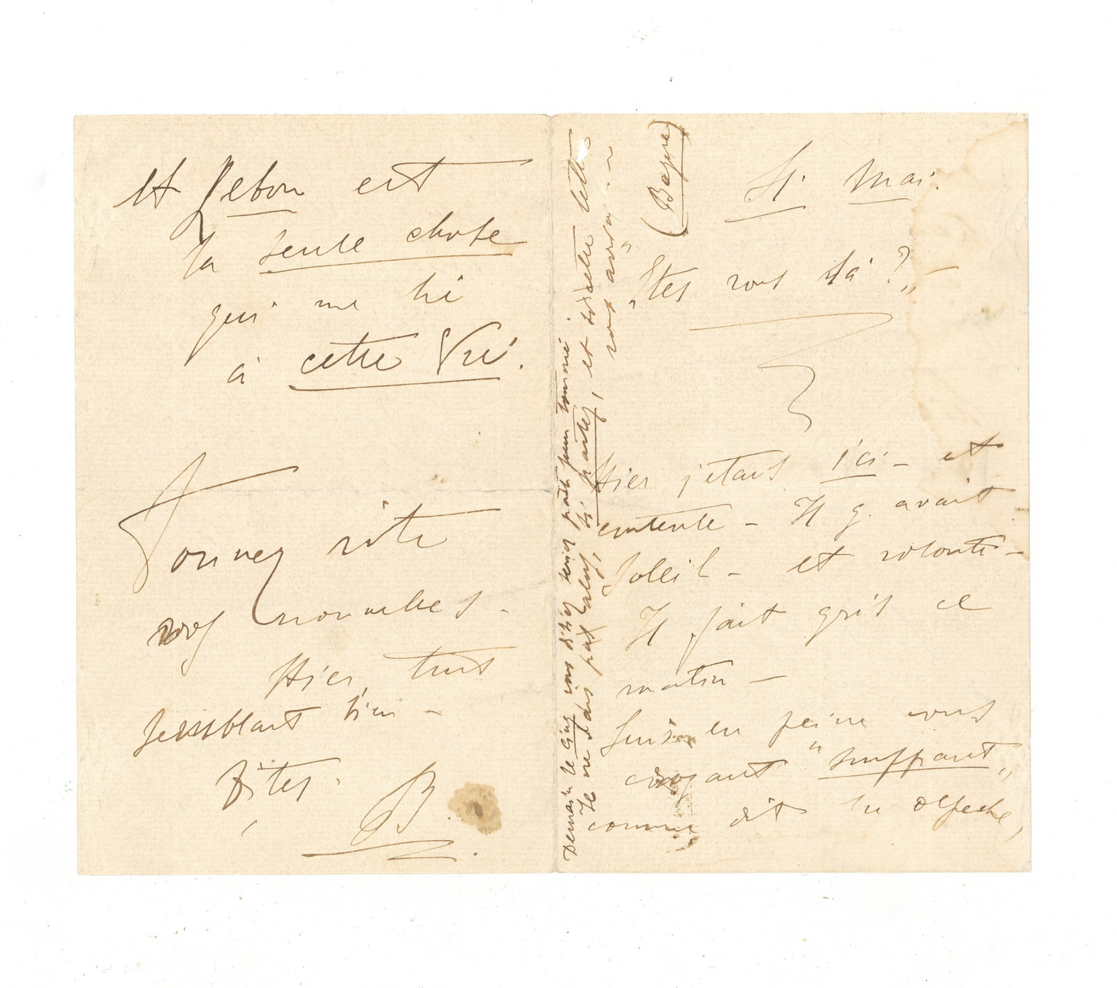 Duse (Eleonora) Autograph letter: Duse (Eleonora) Autograph letter The letter, in French, to an unknown recipient, discusses the weather ("Yesterday I was here, and I was happy. It was sunny [...] This morning the sky is grey") and