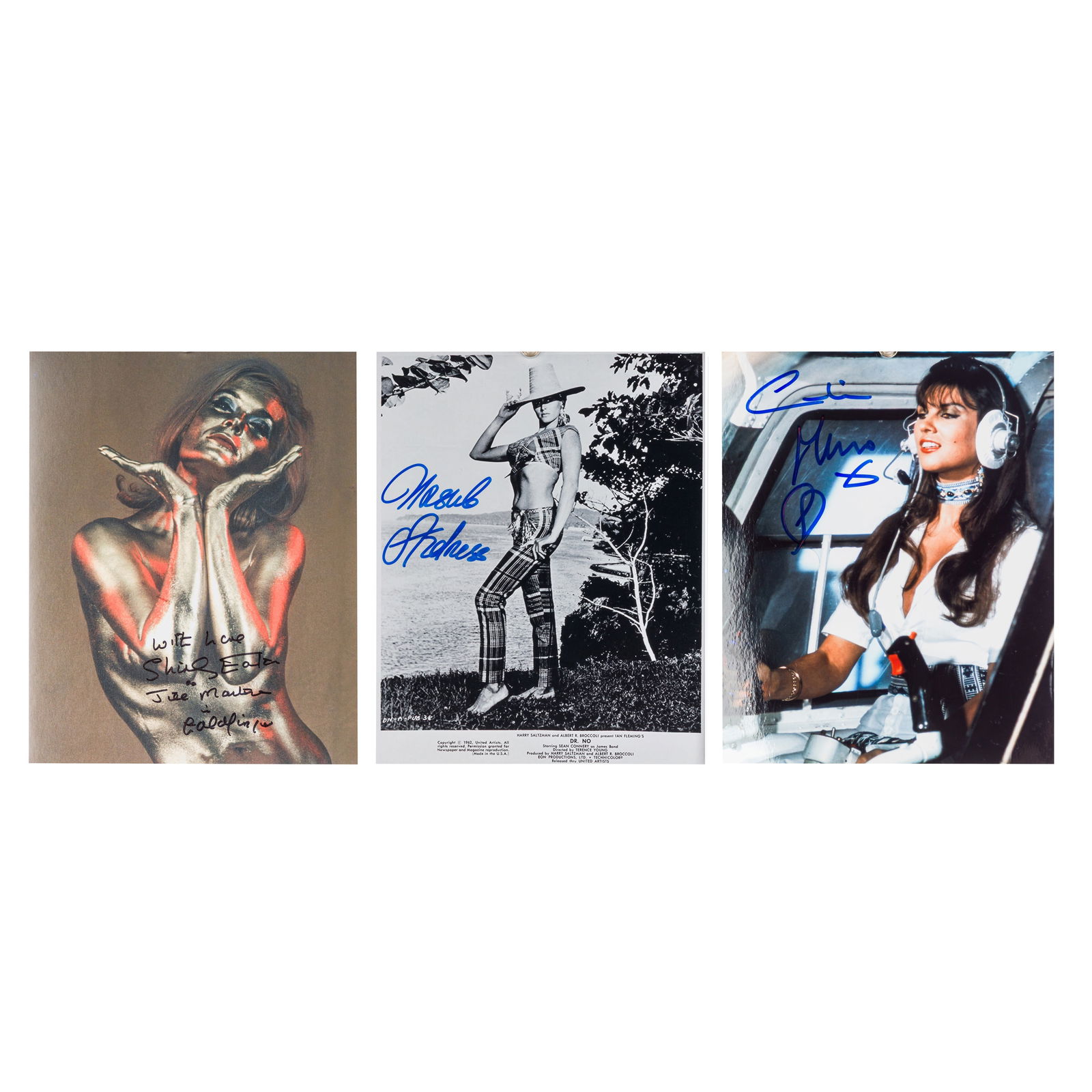 James Bond Interest.- Three photographs signed by Ursula Andress, Shirley Eaton and Caroline Munro (1 of 1)