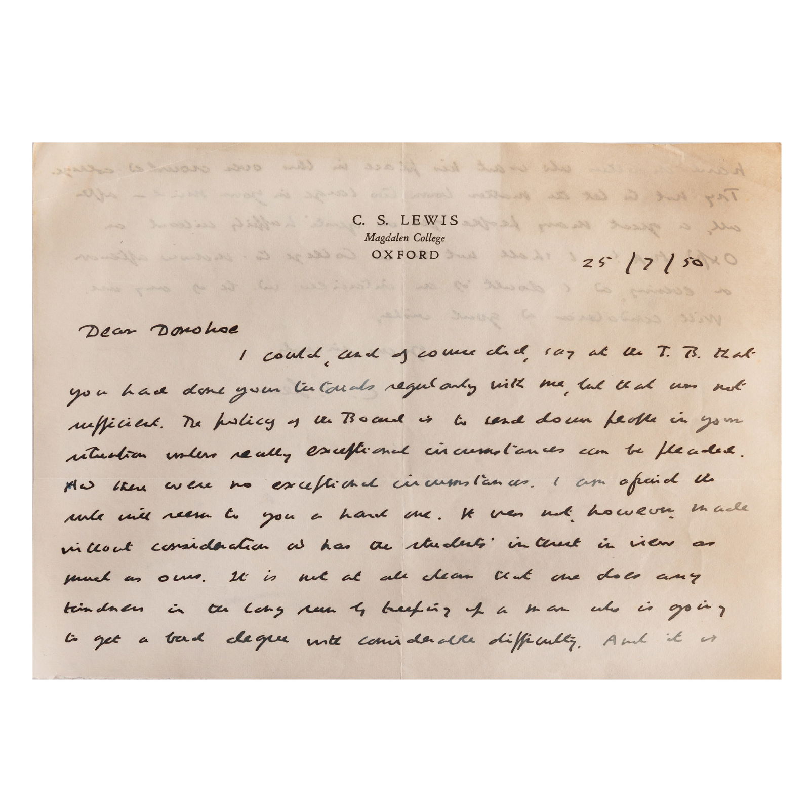Lewis (C.S.) Correspondence with Edward Donohoe, 1950: Lewis (C.S.) Correspondence with Edward Donohoe, 1950 Autograph letter signed ('C.S. Lewis') sent to one of his undergraduate pupils at Oxford, Mr Edward Donohoe, after he had been sent down for not