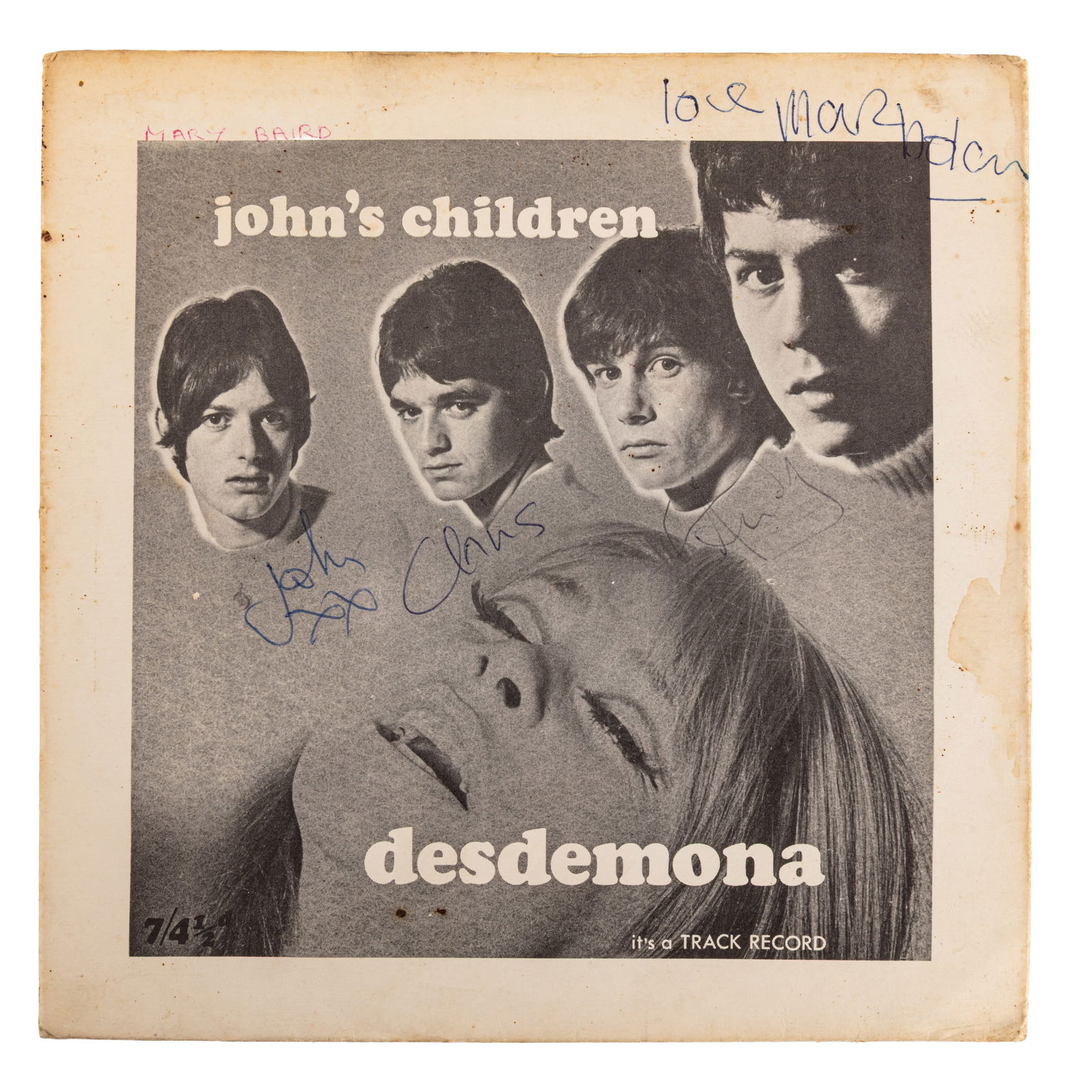 John's Children Incl. Marc Bolan Signed EP of 'Desdemona': John's Children Incl. Marc Bolan Signed EP of 'Desdemona' A 7" vinyl copy of the single Desdemona by John's Children, signed on the front cover by Marc Bolan, Andy Ellison, John Hewlett and Chris