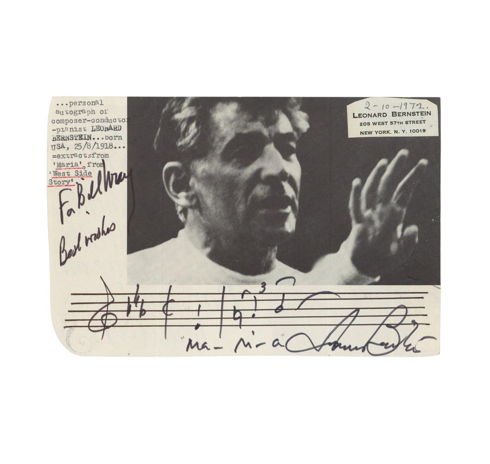 Bernstein (Leonard) Autograph music quotation: Bernstein (Leonard) Autograph music quotation The quotation being a music bar from the song 'Maria' in 'West Side Story', inscribed to Bill Wray, on a page clipped from a brochure and featuring a