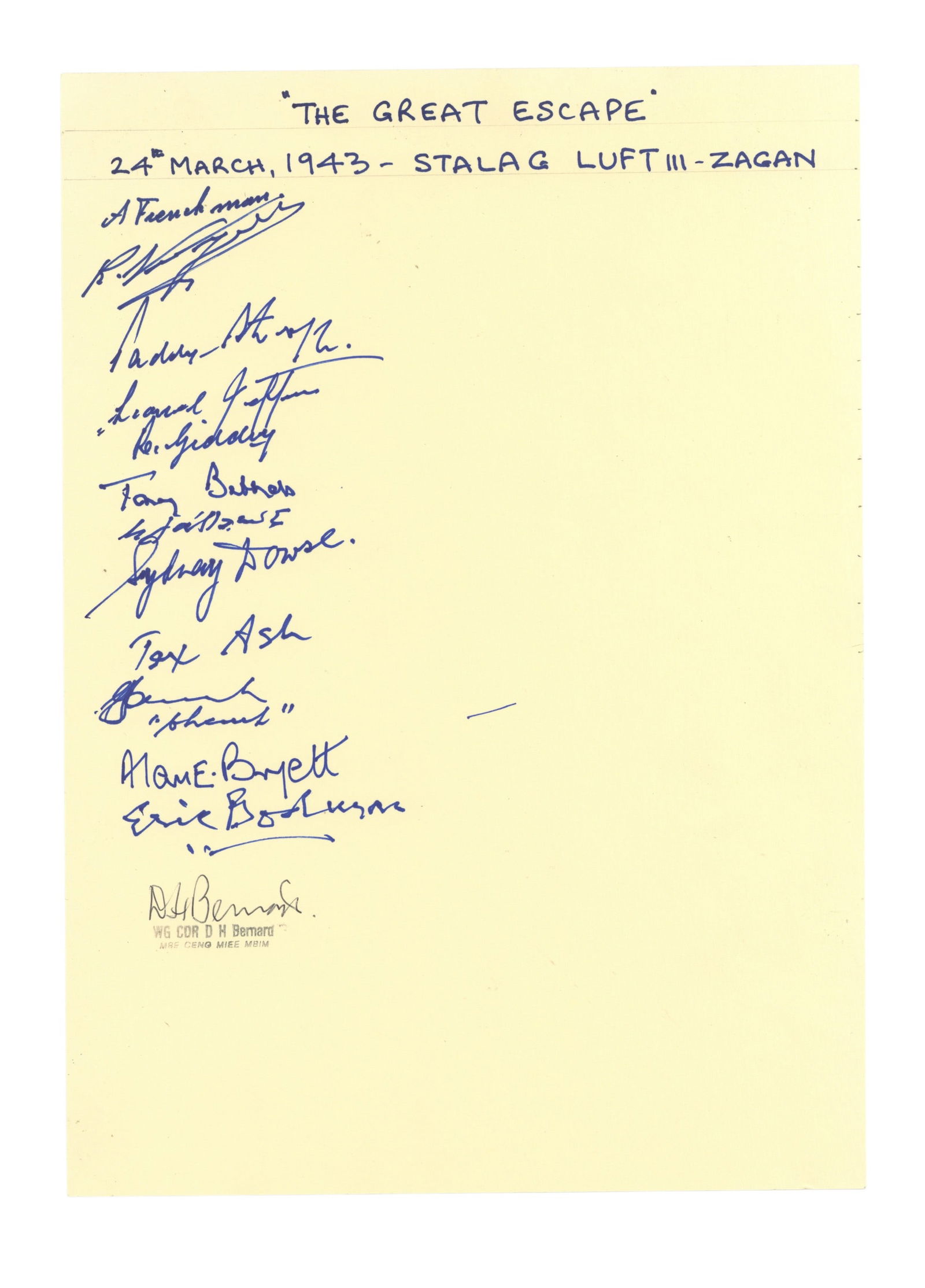 The Great Escape, 24 March 1944 Set of signatures (1 of 1)