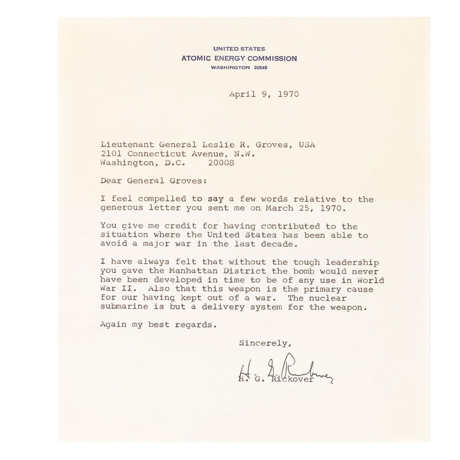 Rickover (Hyman G.) Typed letter to Lieutenant General Groves (1 of 1)