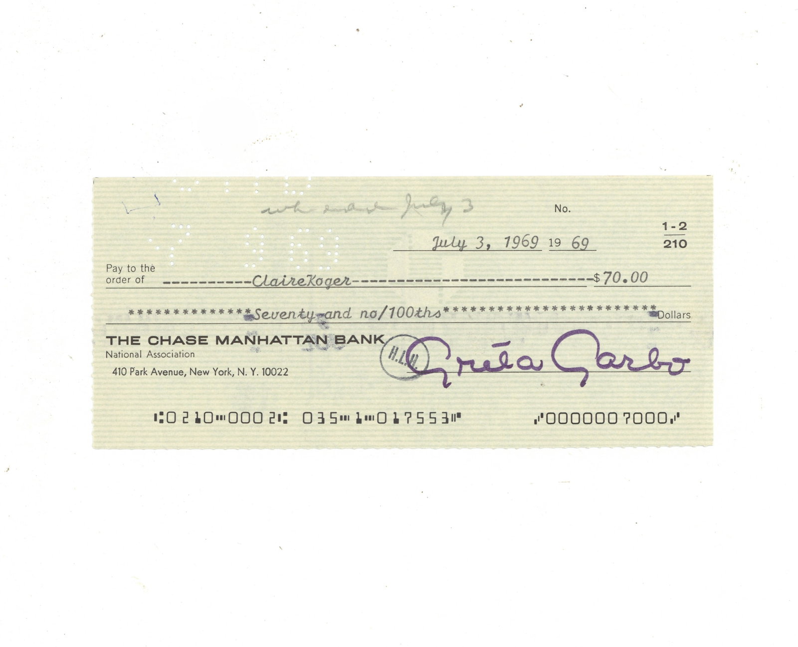 Garbo (Greta) Signed cheque: Garbo (Greta) Signed cheque Signed cheque ("Greta Garbo") for the amount of $70 payable to Claire Koger, drawn on her Chase Manhattan Bank account, 3 July 1969, cancellation holes.