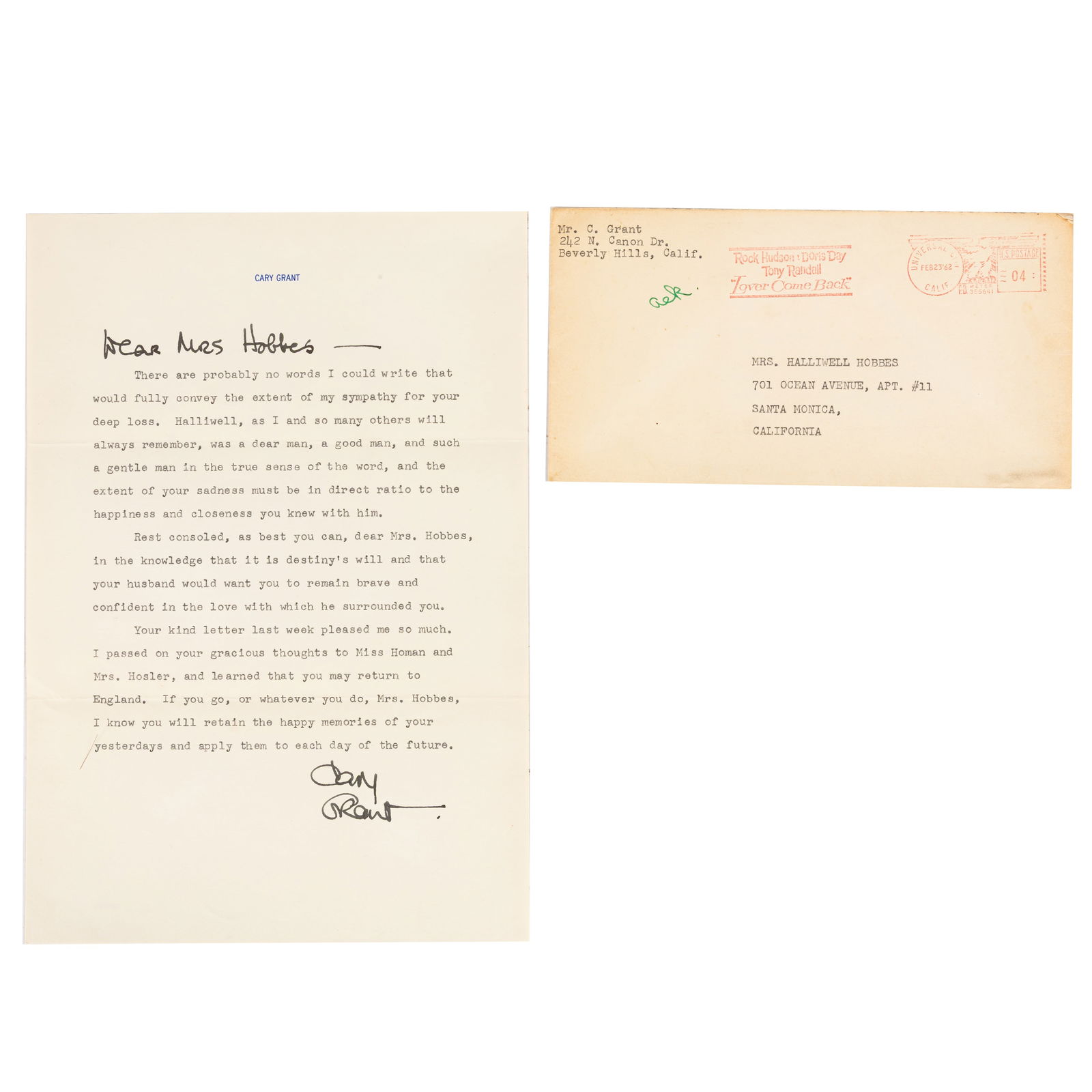 Grant (Cary) Typed letter signed ("Cary Grant"): Grant (Cary) Typed letter signed ("Cary Grant") The letter, sent to the wife of British character actor Halliwell Hobbes, on personalised stationery, reads "There are probably no words I could write
