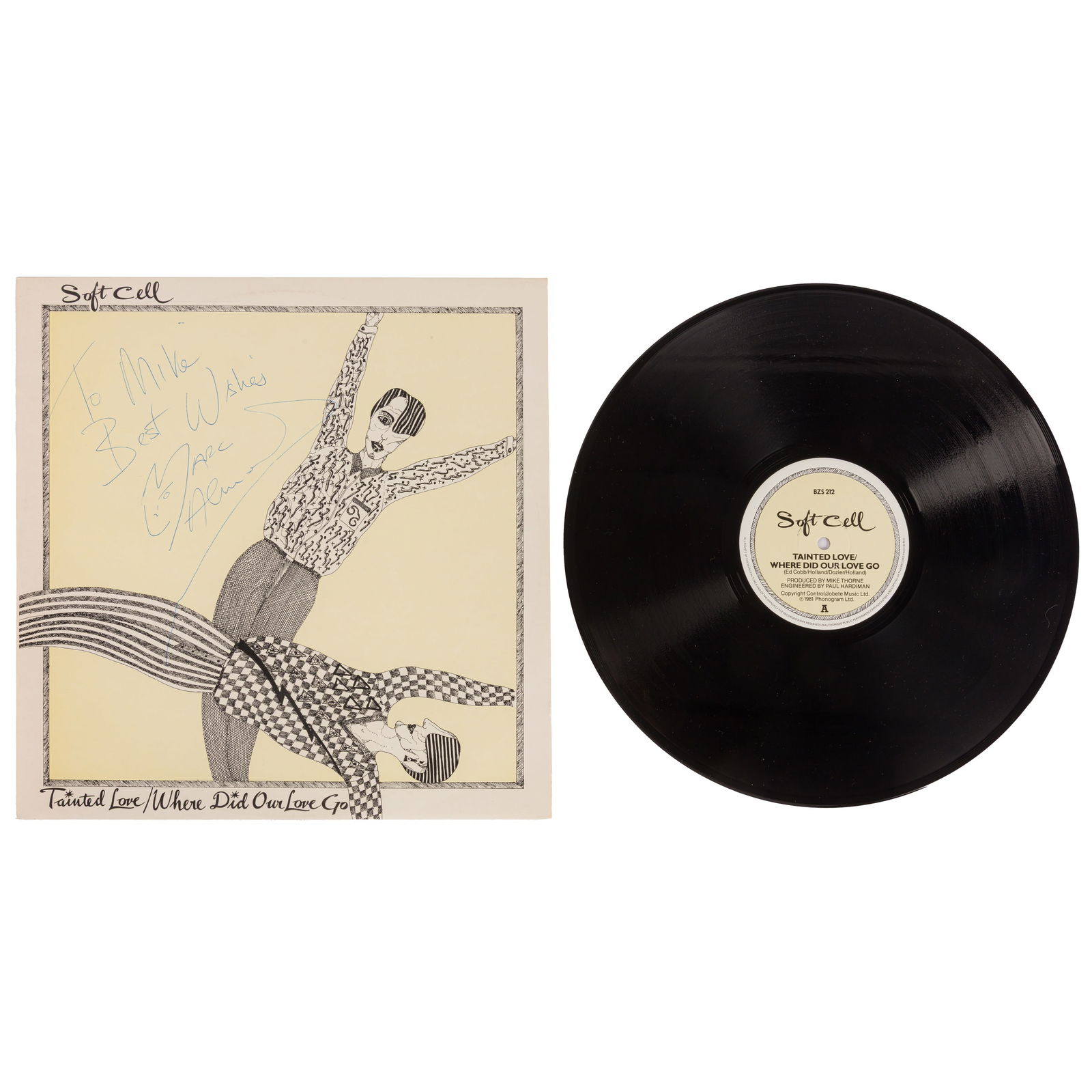 Almond (Marc) Signed albums: Almond (Marc) Signed albums 12" vinyl copy of the Soft Cell album 'Tainted Love', signed and inscribed "To Mark, Best wishes, Marc Almond", minor handling wear, record is included; with a 12" vinyl