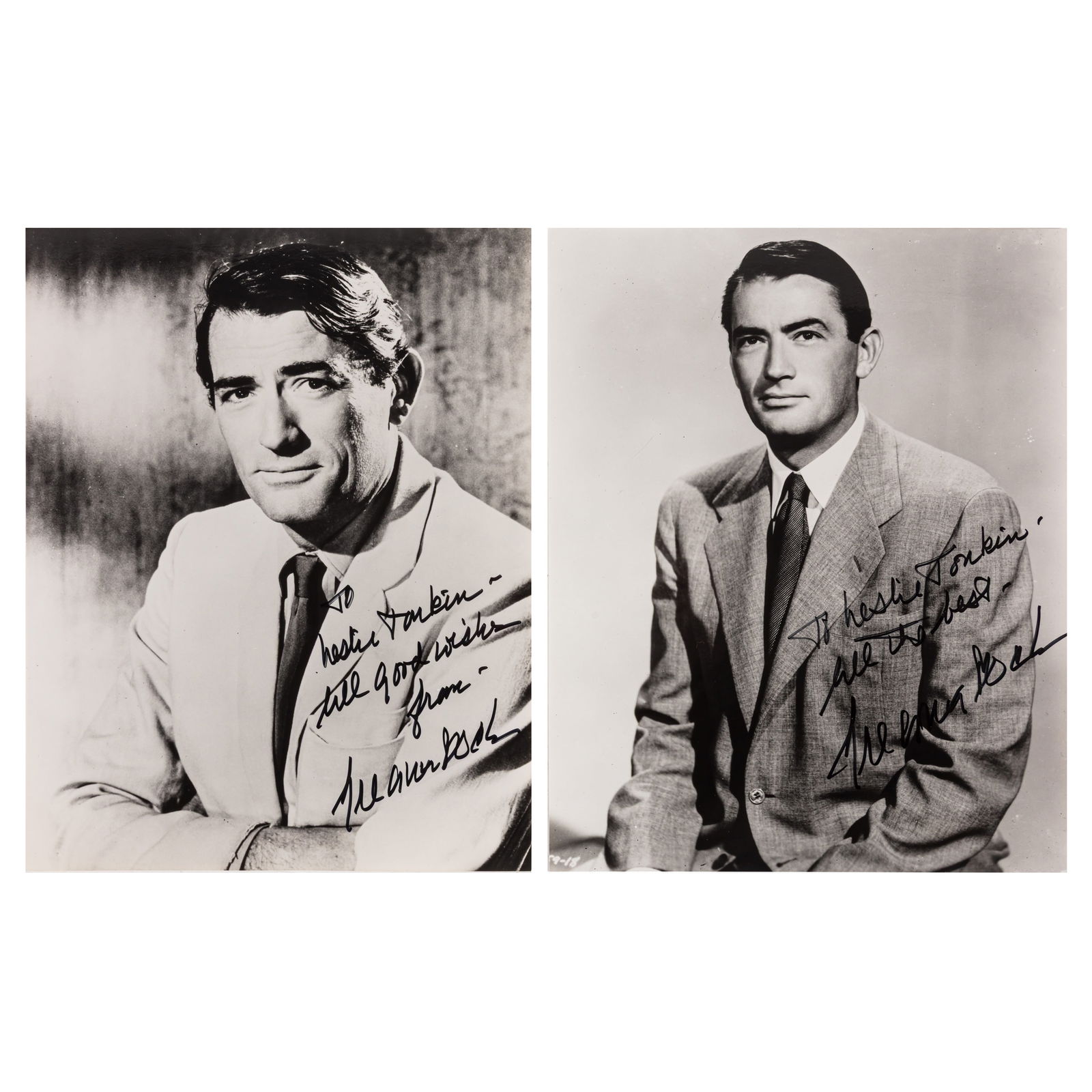 Peck (Gregory) Two signed photographs: Peck (Gregory) Two signed photographs Two glossy black and white photographs of the American actor, both signed and inscribed in black felt tip to Leslie Tonkin, light handling wear, otherwise in fin