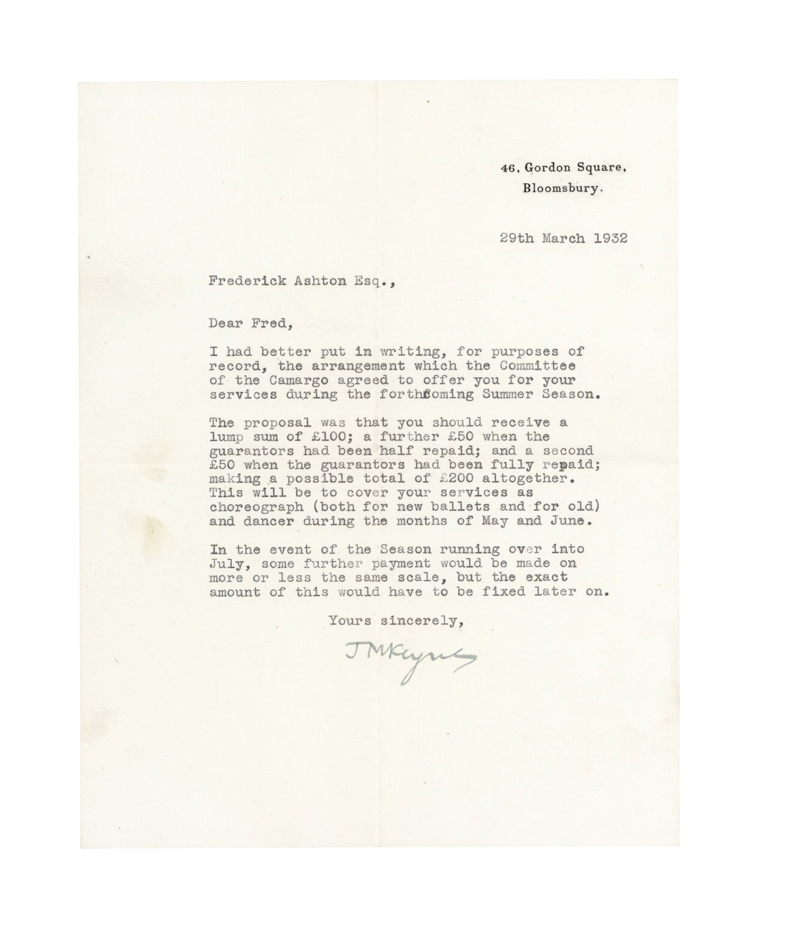 Keynes (John Maynard) Typed letter signed ("J.M.Keynes"): Keynes (John Maynard) Typed letter signed ("J.M.Keynes") Addressed to Frederick Ashton, it reads "I had better put in writing, for purposes of records, the arrangement which the Committee of the Cama