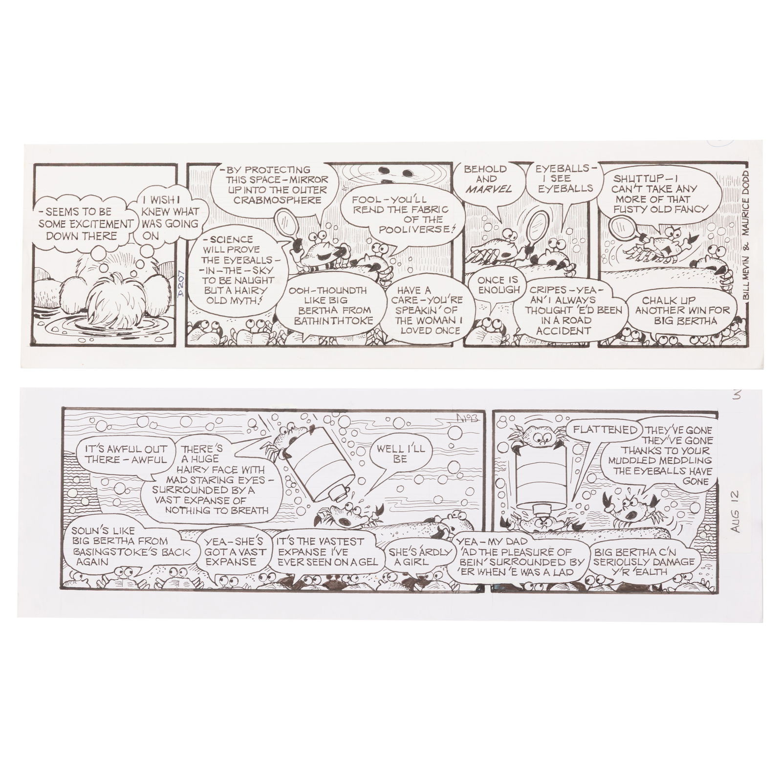 Mevin (Bill) Two ink original strip cartoons on card of The Perishers: Mevin (Bill) Two ink original strip cartoons on card of The Perishers The scenes hand-drawn by Bill Melvin, light handling wear (2) Dimensions:16.5 x 5.11/ 42 x 13cm