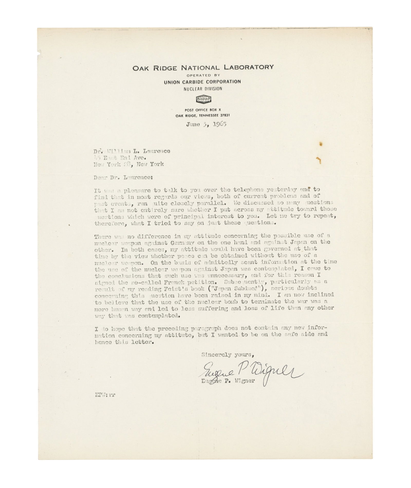 Wigner (Eugene P.) Signed copy of a letter (1 of 1)