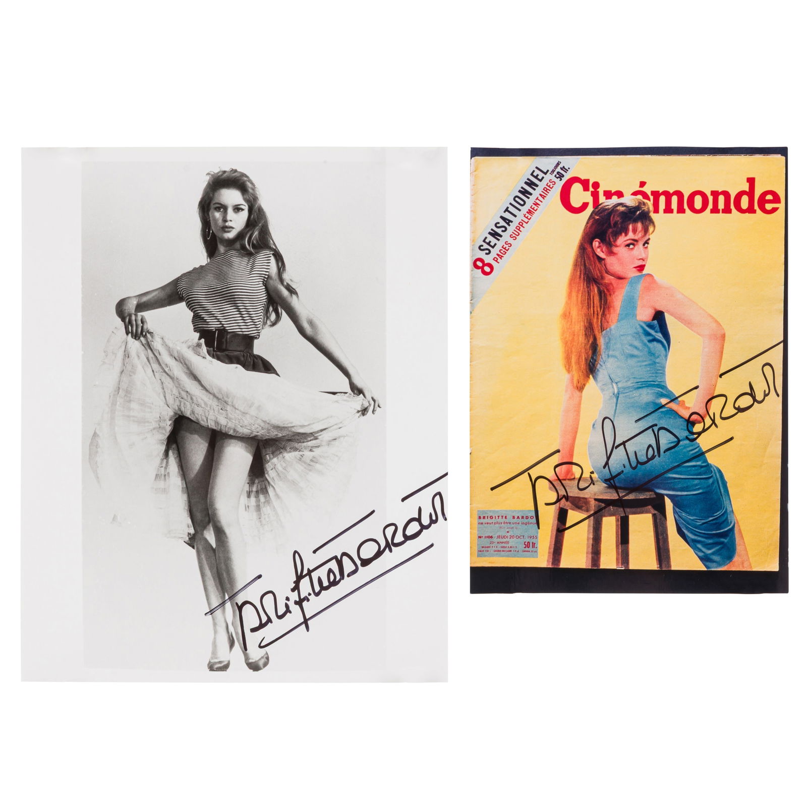 Bardot (Brigitte) Two photographs signed by the French actress: Bardot (Brigitte) Two photographs signed by the French actress one colour and one black and white, in very good condition, v.s. (2) Dimensions:the largest one 10 x 8"/25.5 x 20.5cm