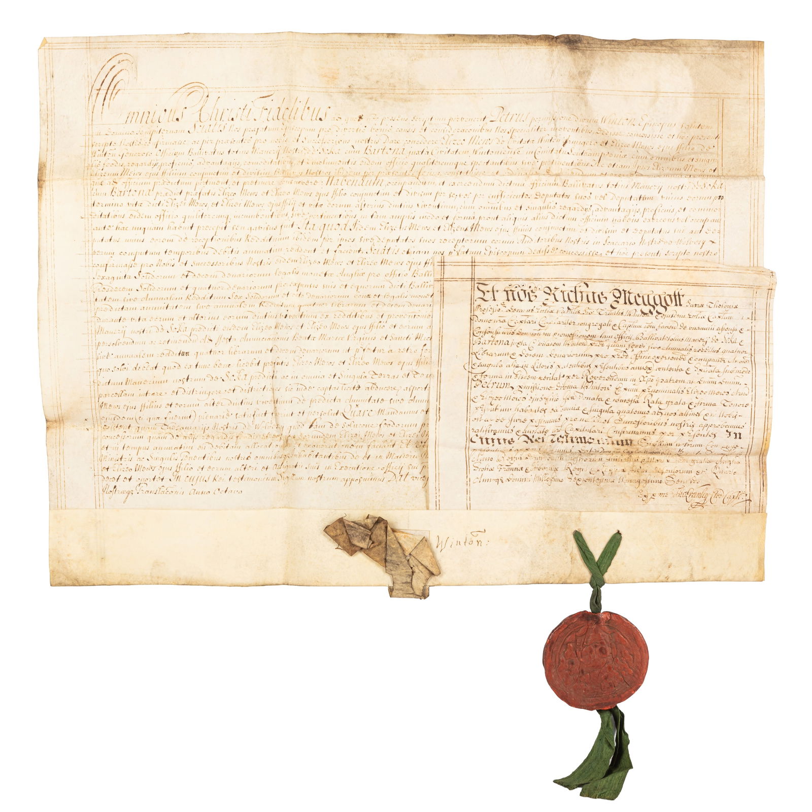 Mews (Peter) Bishop of Winchester 1692: Mews (Peter) Bishop of Winchester 1692 Document on vellum, signed "Petrus Winton", granting Eliseus Mews and his son the office of bailiff "De Soka cum Bartona" in the town of Winchester, one page,