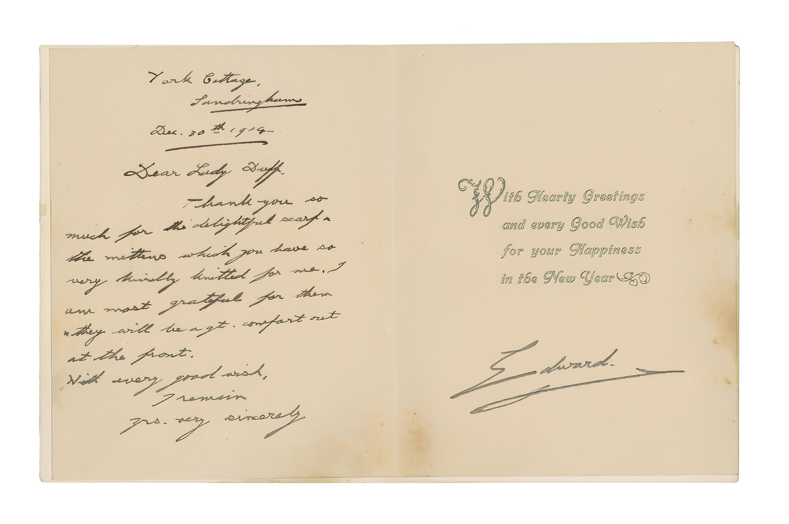 Edward, Prince of Wales Scarce New Year card from Edward Prince of Wales: Edward, Prince of Wales Scarce New Year card from Edward Prince of Wales The card, addressed to Lady Duff, reads "Thank you so much for the delightful scarf and the mittens which you have so very kin