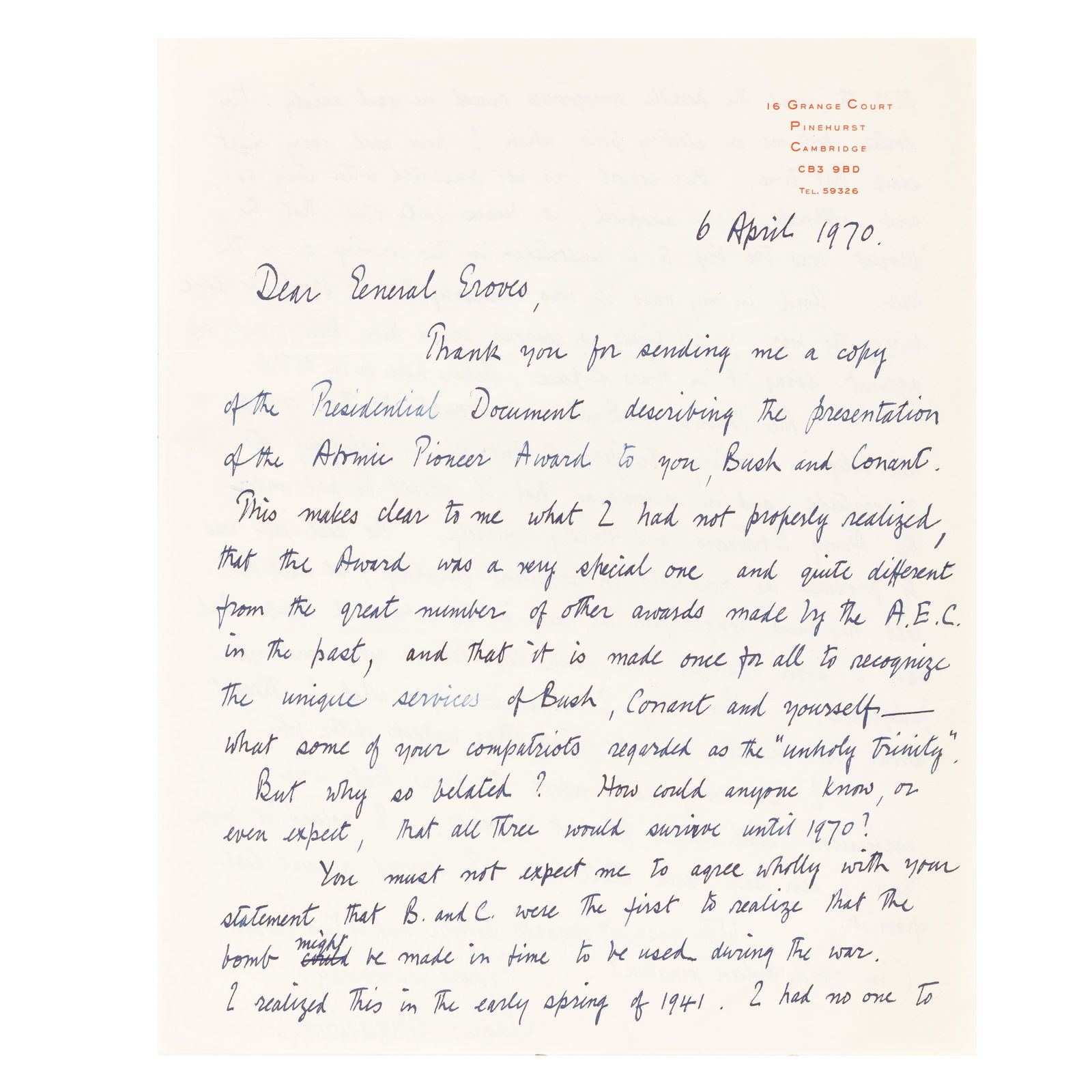 Chadwick (James) Autograph letter to Lieutenant General Leslie Groves (1 of 2)