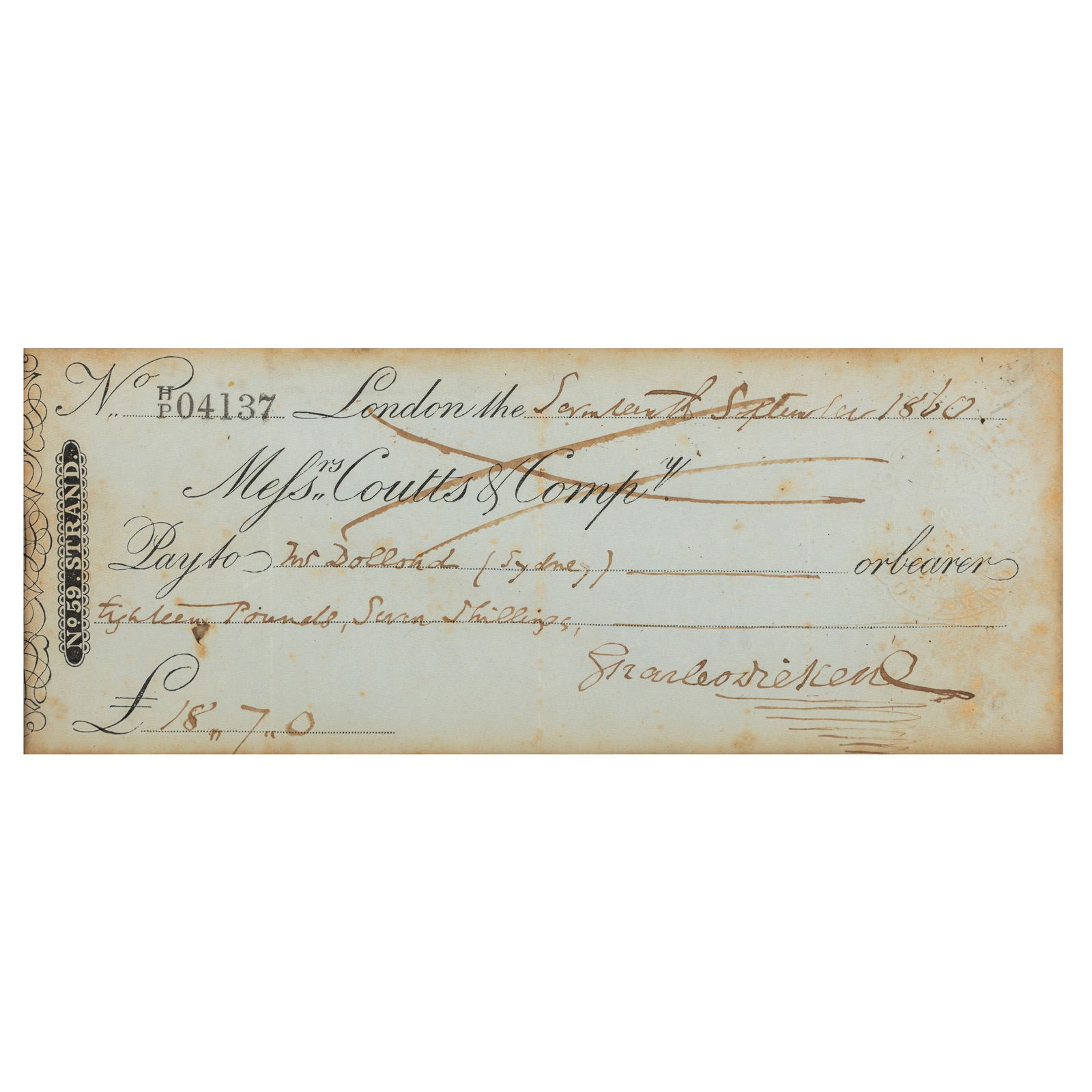 Dickens (Charles) Signed cheque, 1860 - 2