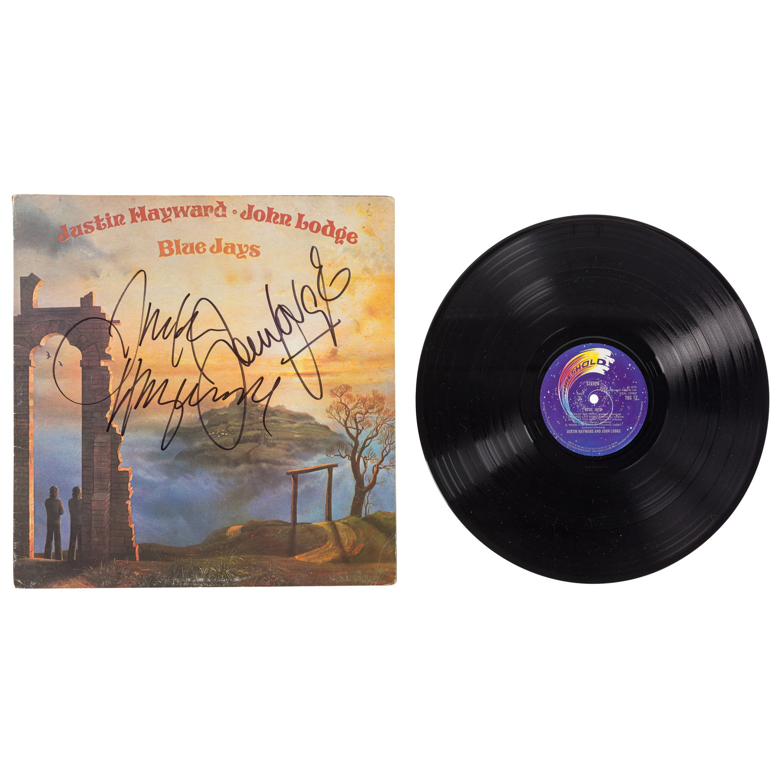 The Moody Blues Signed 12" vinyl copy of the albums 'Blue Jays': The Moody Blues Signed 12" vinyl copy of the albums 'Blue Jays' Black marker signatures by Justin Hayward, John Lodge, Ray Thomas and Graeme Edge in black marker, light handling wear, otherwise in