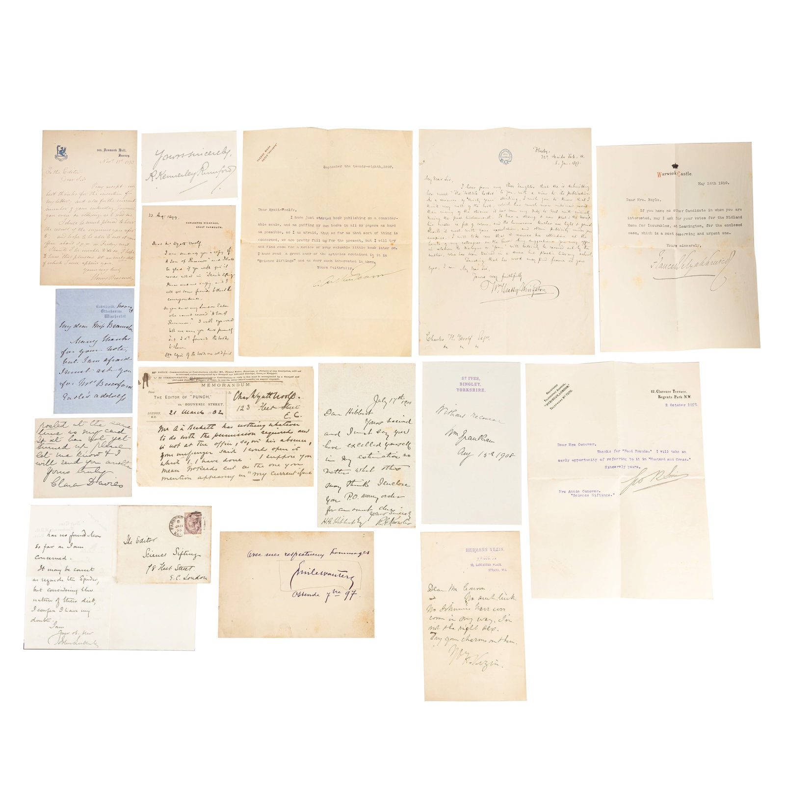 Autograph Collection.- Miscellaneous 19th-early 20th century: Autograph Collection.- Miscellaneous 19th-early 20th century Group of letters and signatures by various authors, scientists and artists, comprising: Emile Wauters, Belgian painter (signed card, 1897)