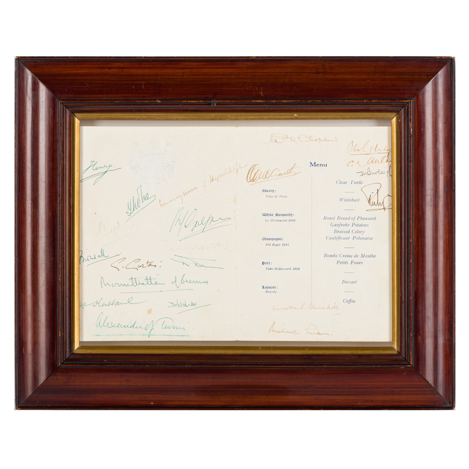 Churchill (Winston Spencer) & Others Signed menu for Churchill's 80th birthday dinner: Churchill (Winston Spencer) & Others Signed menu for Churchill's 80th birthday dinner The dinner held at Trinity House, London, on 16th December 1954, the menu signed by 21 dinner guests, including,