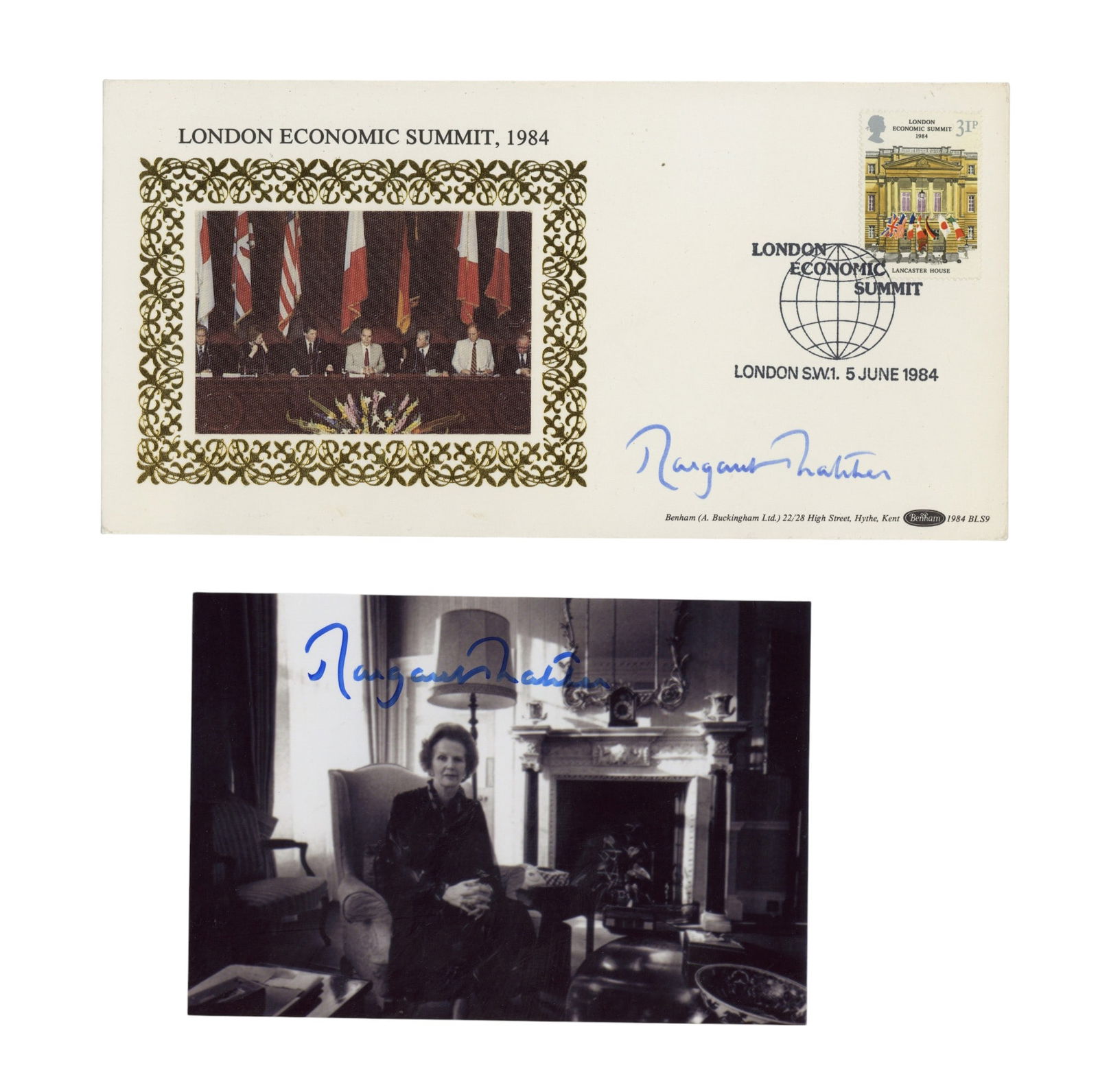 Thatcher (Margaret) Signed First Day Cover: Thatcher (Margaret) Signed First Day Cover First Day Cover celebrating the 1984 London Economic Summit, signed in blue felt tip by Margaret Thatcher, postmarked 5 June 1984; together with a candid