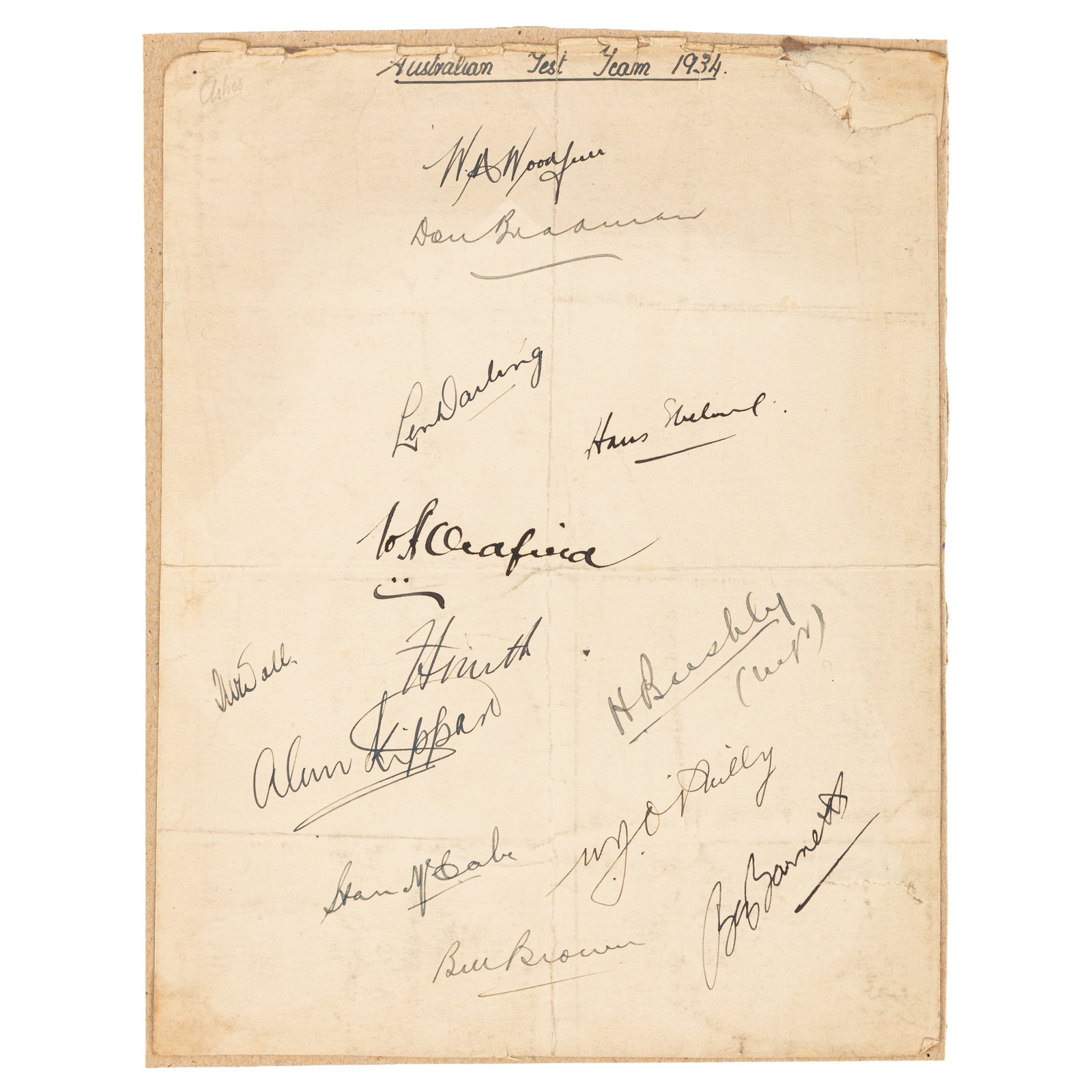 Cricket Interest.- Incl. Don Bradman Australian Test Team, 1934: Cricket Interest.- Incl. Don Bradman Australian Test Team, 1934 Set of ink signatures by players of the 1934 Australian Test Team, comprising: Bill Woodfull, Don Bradman, Alan Kippax, Bill O'Reilly,
