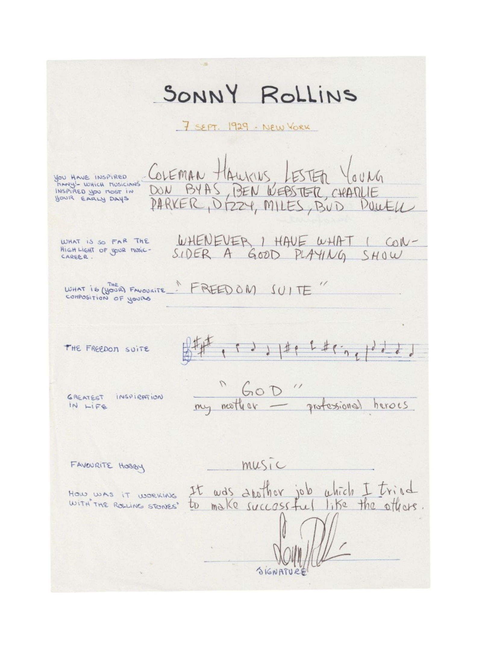 Rollins (Sonny) Signed interview sheet: Rollins (Sonny) Signed interview sheet Interview form hand filled by Sonny Rollins, the answers including a music quote from his favourite composition ('Freedom Suite'), signed by Rollins at the
