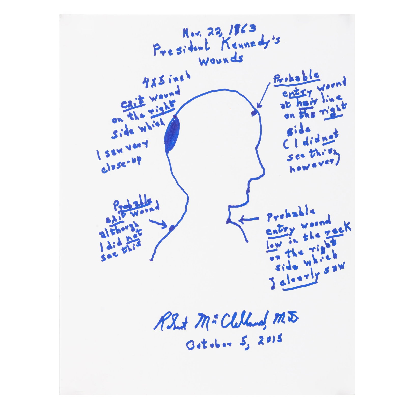 [Kennedy (John Fitzgerald)] "President Kennedy's Wounds" by Dr. Robert McClelland: [Kennedy (John Fitzgerald)] "President Kennedy's Wounds" by Dr. Robert McClelland Original blue felt tip sketch of "President Kennedy's Wounds" featuring President Kennedy's head in profile, with