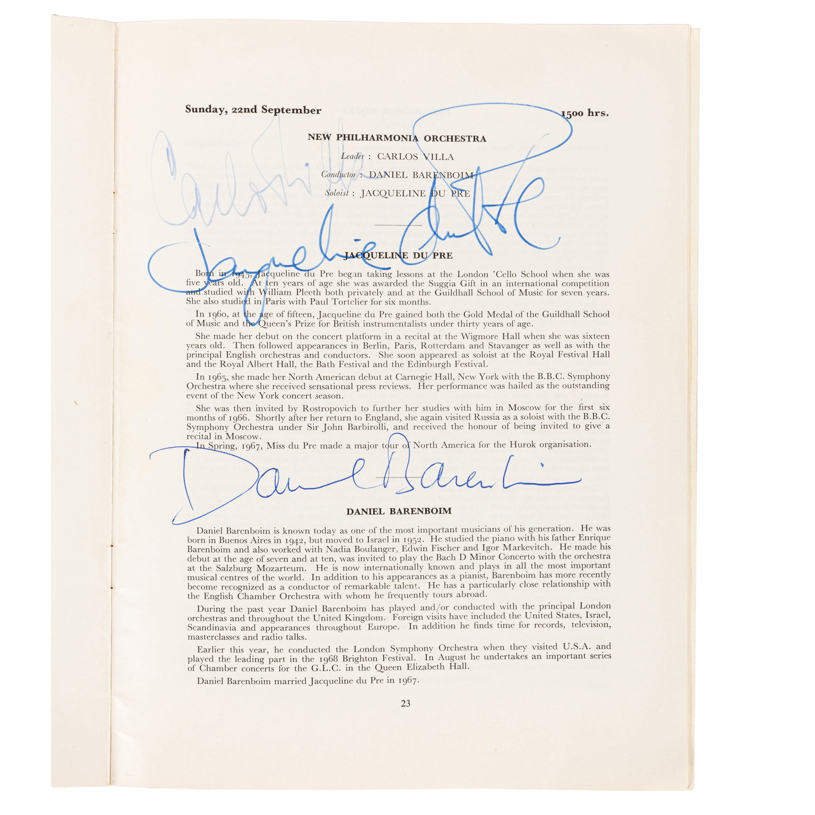 Dupre (Jacqueline) & Daniel Barenboim Signed music prgramme: Dupre (Jacqueline) & Daniel Barenboim Signed music prgramme Programme for the 1968 Birmingham Triennial Musical Festival, signed by conductors Sir Adrian Boult ("Good Wishes from Adrian Boult 1968")