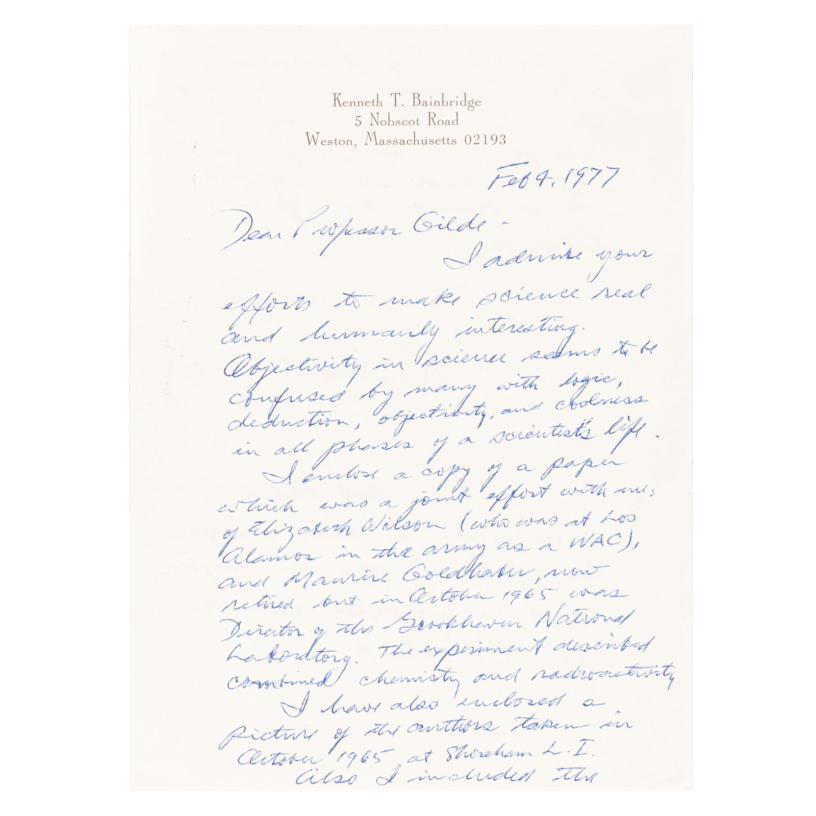 Bainbridge (Kenneth T.) Autograph letter to Professor Gilde (1 of 2)