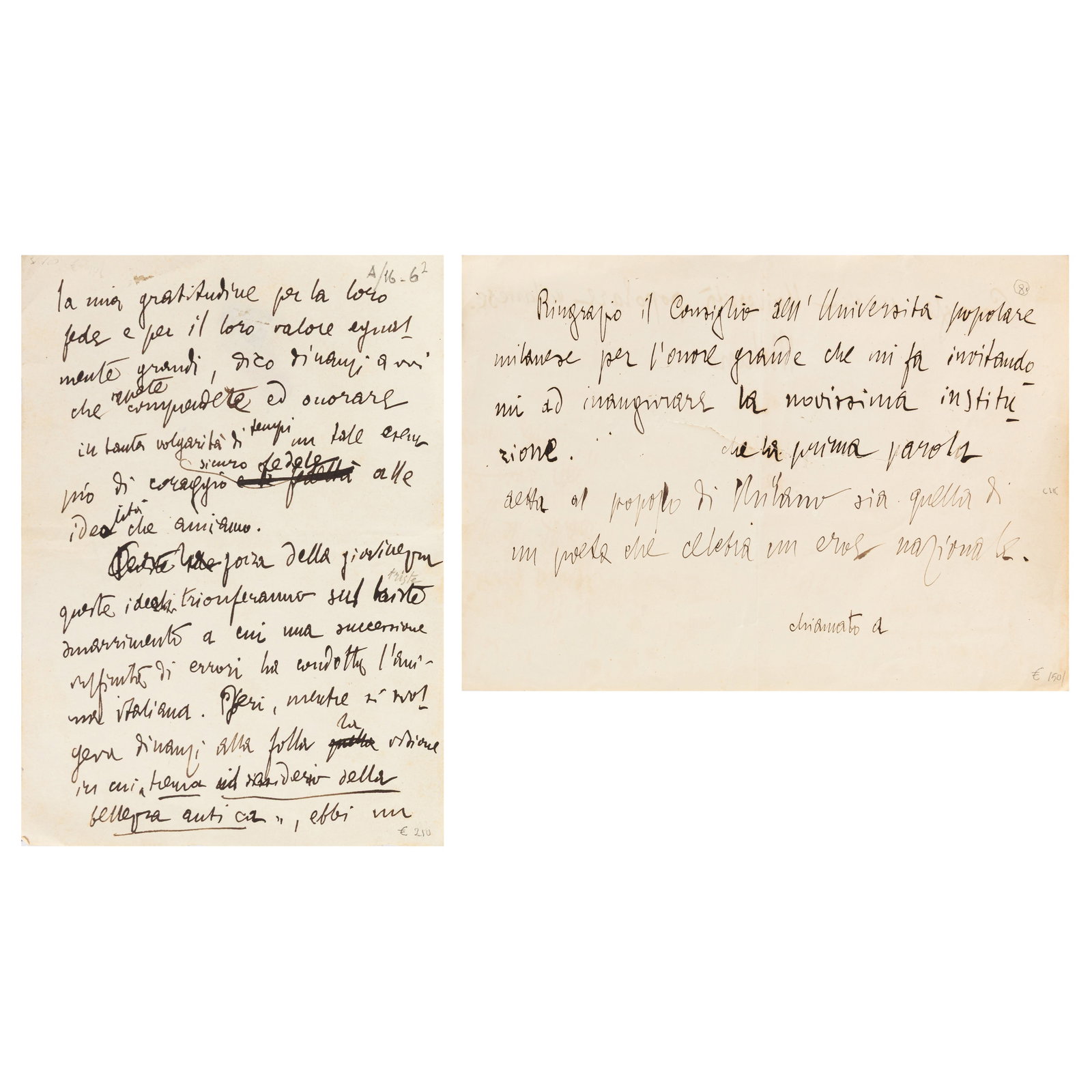 D'Annunzio (Gabriele) Two autograph drafts (1 of 2)