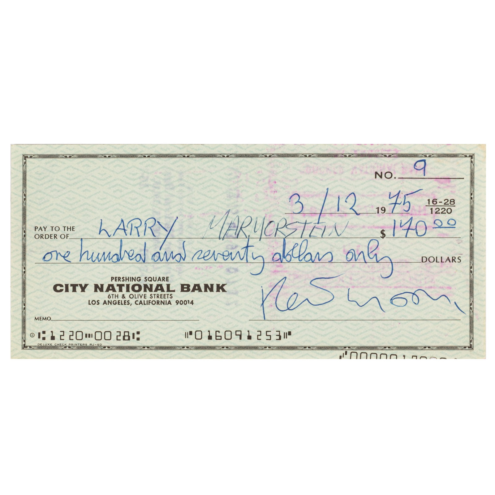 Moon (Keith) Signed cheque: Moon (Keith) Signed cheque Signed cheque, for the amount of $170, issued to Larry Marmorstein, drawn on City National Bank, 12 March 1975.