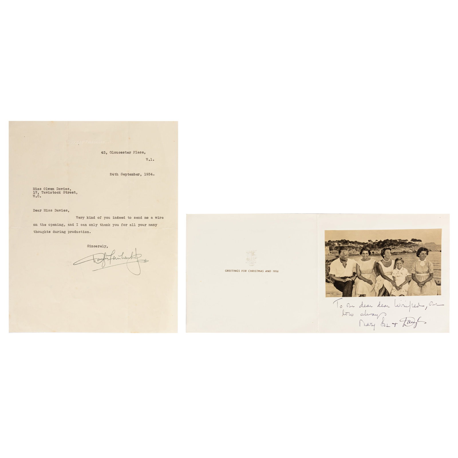 Fairbanks Jr (Douglas) & Others Signed letter and Christmas card: Fairbanks Jr (Douglas) & Others Signed letter and Christmas card Attractive Christmas card with greetings for 1956, featuring a black and white photograph of Fairbanks Jr with his family and