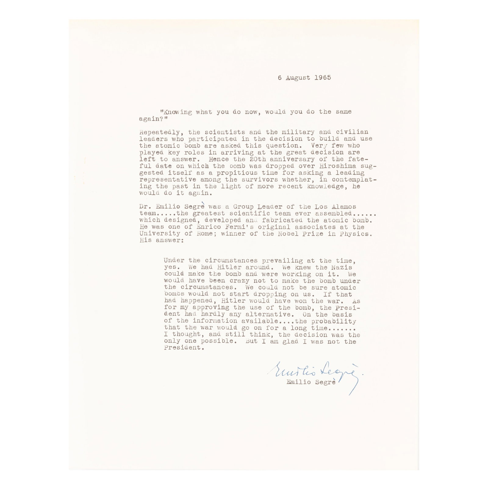 Segrè (Emilio) Typed quote signed ("Emilio Segrè") (1 of 1)