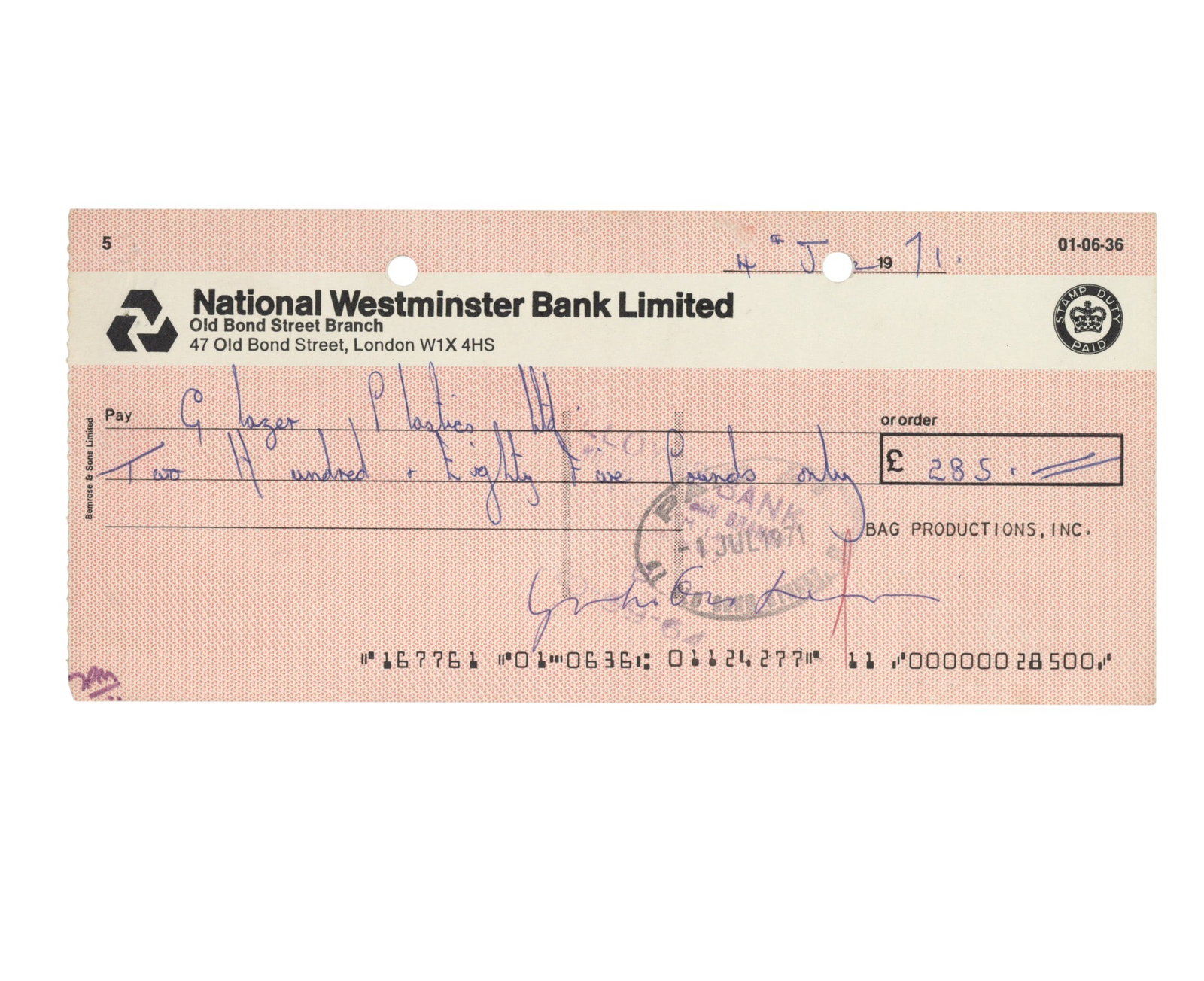 Ono (Yoko) Signed cheque: Ono (Yoko) Signed cheque Signed cheque ("Yoko Ono Lennon"), for the amount of £285 payable to Glazer Plastics Ltd. drawn on National Westminster Bank, 4 July 1971, two file holes to the upper ma