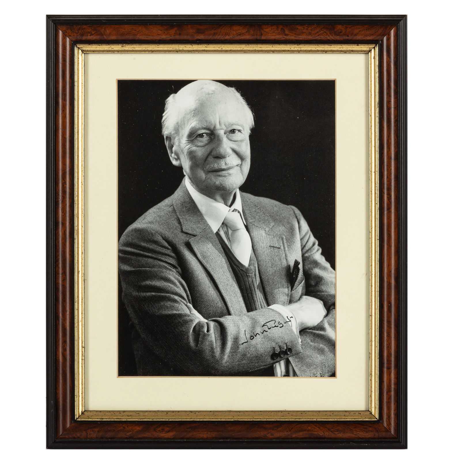Gielgud (John) Signed photograph: Gielgud (John) Signed photograph Glossy black and white photograph of John Gielgud in a three-quarter length pose, signed in black felt tip on the lower portion of the image, mounted, framed and