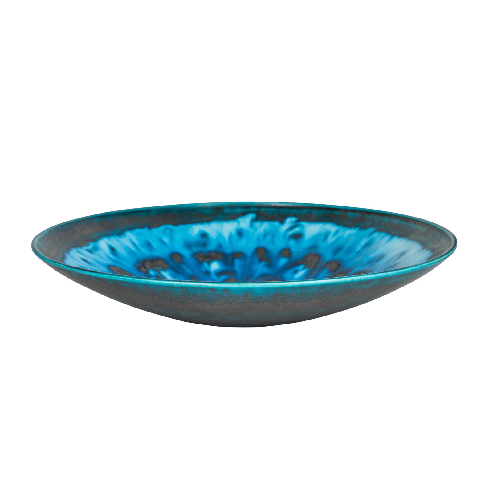 Studio ceramics Large decorative bowl in blue and teal running glazes - 2