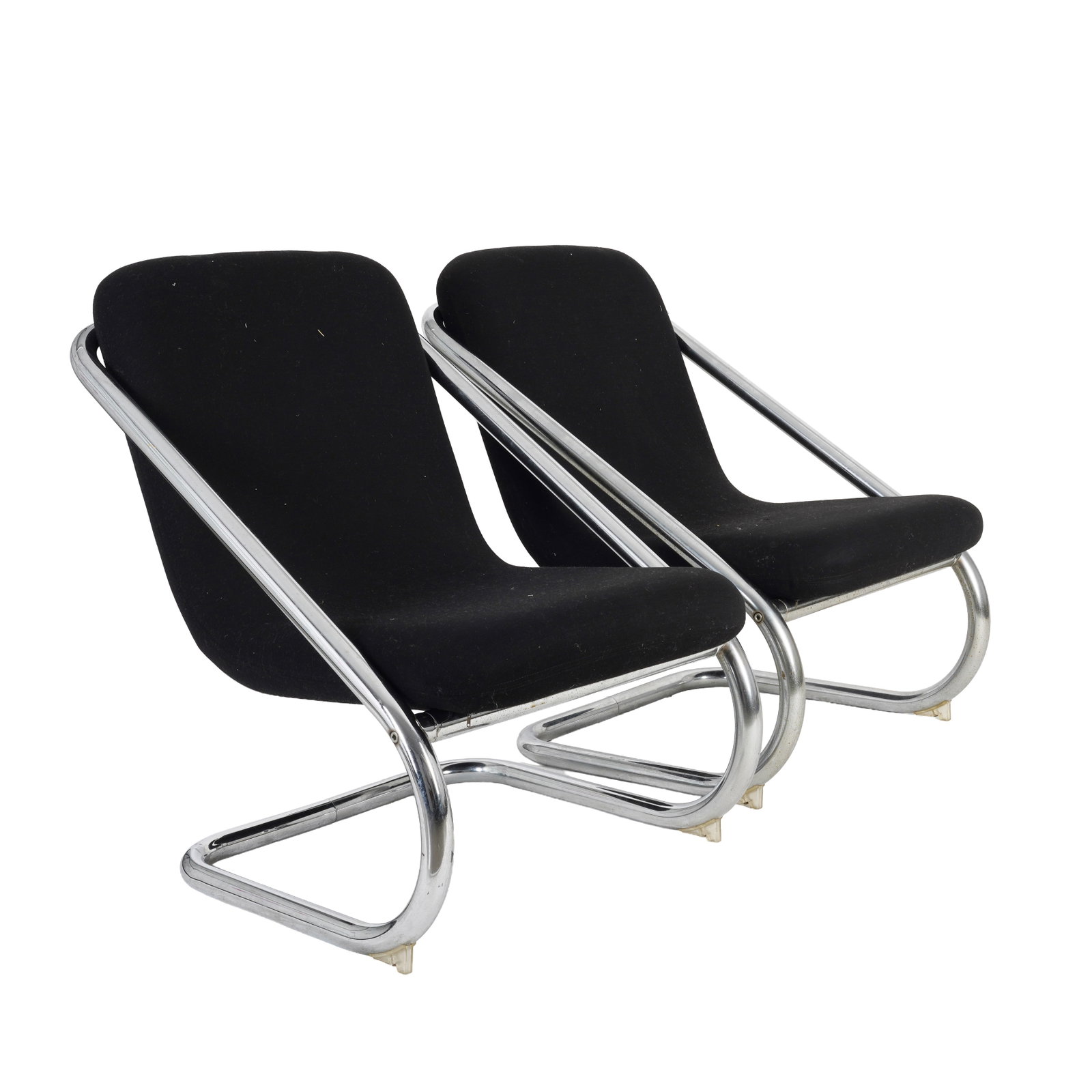 Late 20th Century, Italian Pair of tubular lounge chairs: Late 20th Century, Italian Pair of tubular lounge chairs Circa 1980s Black upholstery and chrome Unmarked 84cm high x 100cm deep x 62cm wide